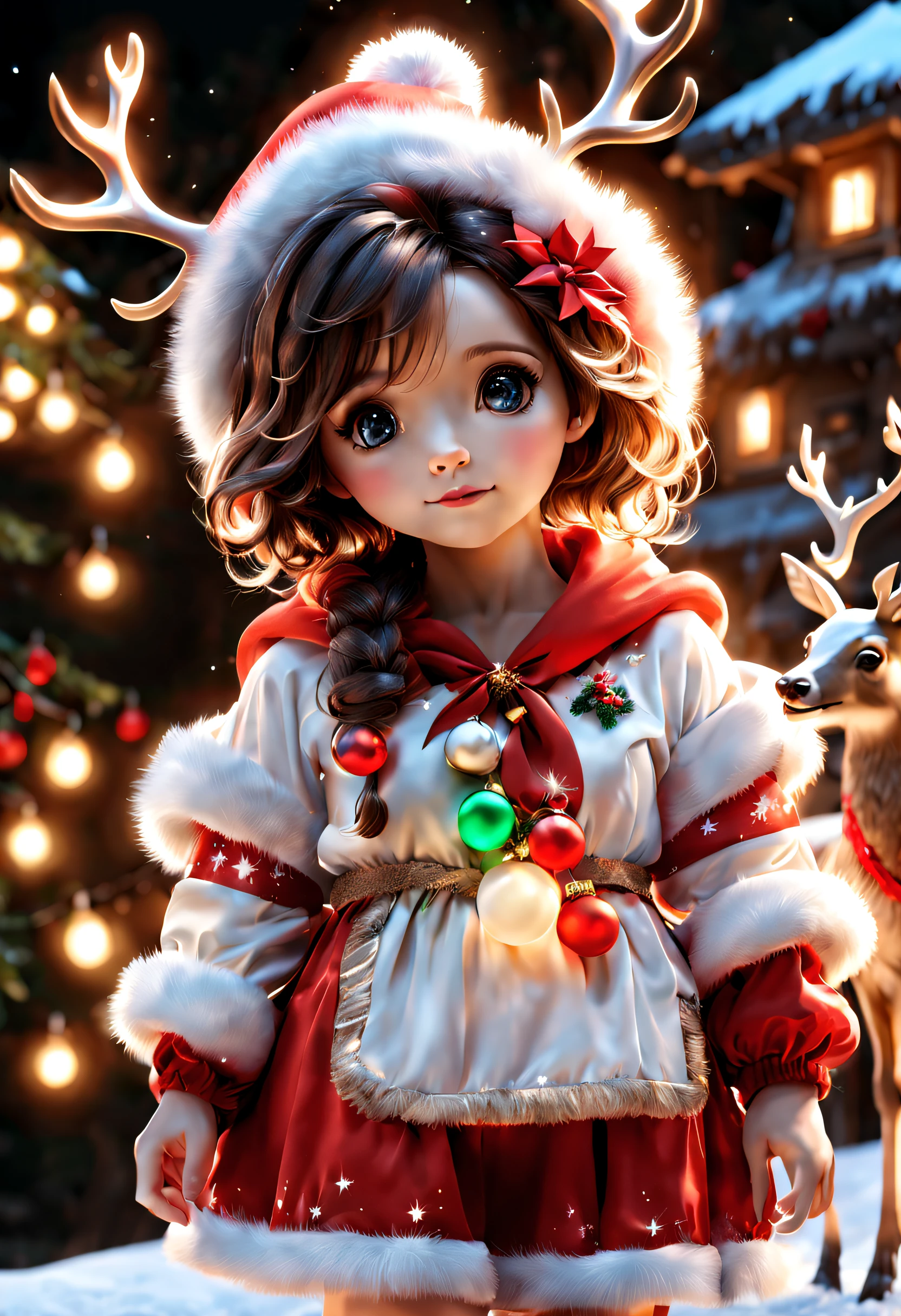 Christmas girl,Girl in Christmas costume,A cute elk,tmasterpiece,フォトリアリスティック,4K