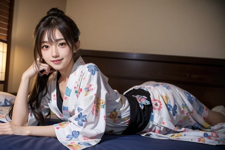 a man and a girl, , 20yr old, Japanese Idol, Close eyes, , light brown long, loose messy hair, cool disheveled hair, a person々 japan ponytail , slightly droopy black eyes, cute little, , skinny, , Concave lower abdomen, Height 155cm, super thin body, so cute, Bedroom, , Pervert Yuzu. (Colorful yukata, ), Indoors, (Night:1.2), Fireworks in the night view, Sexy bed, nigh sky, Shadow lighting, Very cute、Smile.I can'