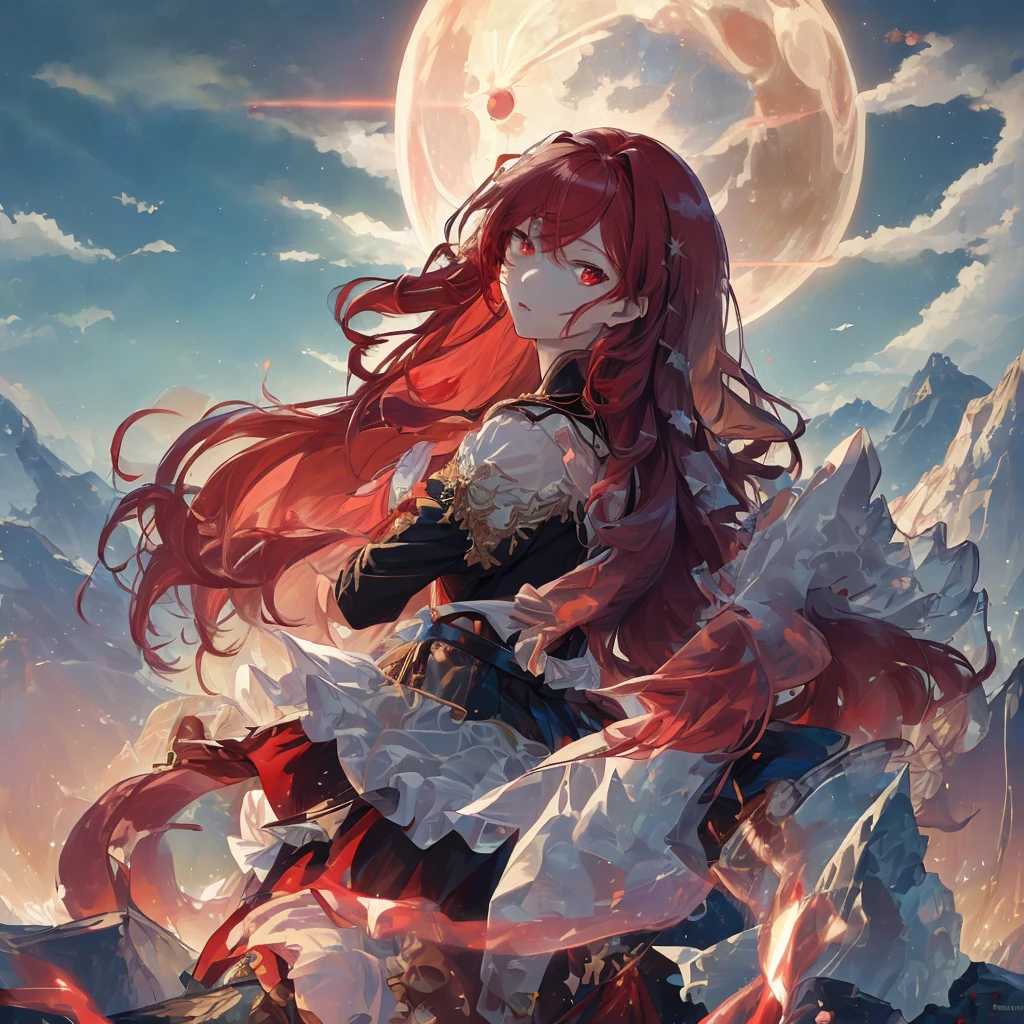 {{{Invincible look}}},A MILF,Black Witch,absurderes,In its miraculous realm、The huge moon reflects off the transparent surface of the lake,、Bestow magical powers、It has a mesmerizing background with delicate fairies dancing(Wide View:1.3)、a sense of depth、(looking at away:1.1)、(beatiful backgrounds、细致背景:1.5)、 (masterpiece、top-quality:1.3)、beautiful detailed brilliance、The best lighting、(top-quality、textile shading、ultra-detailliert:1.3)、the Extremely Detailed CG Unity 8K Wallpapers、Highly detailed and beautiful aesthetic、best light、hight resolution、detaileds、Dynamic lighting、super-detaild skin、intricate-detail、Hyper-detailing、Sharp Detail、细节、hight resolution、intricate detailes、(delicated facial features:1.3)、break、Detailed Images、Glossy images、catchlight,break, 1 milf,sleepy eyes,Expression of leeway,Open your eyes slightly,in fighting,Fantasia,Fire magic,natta, (red eyes:1.6), (long red hair with movement:1.6)、 (Bangs parting:1.1)、break