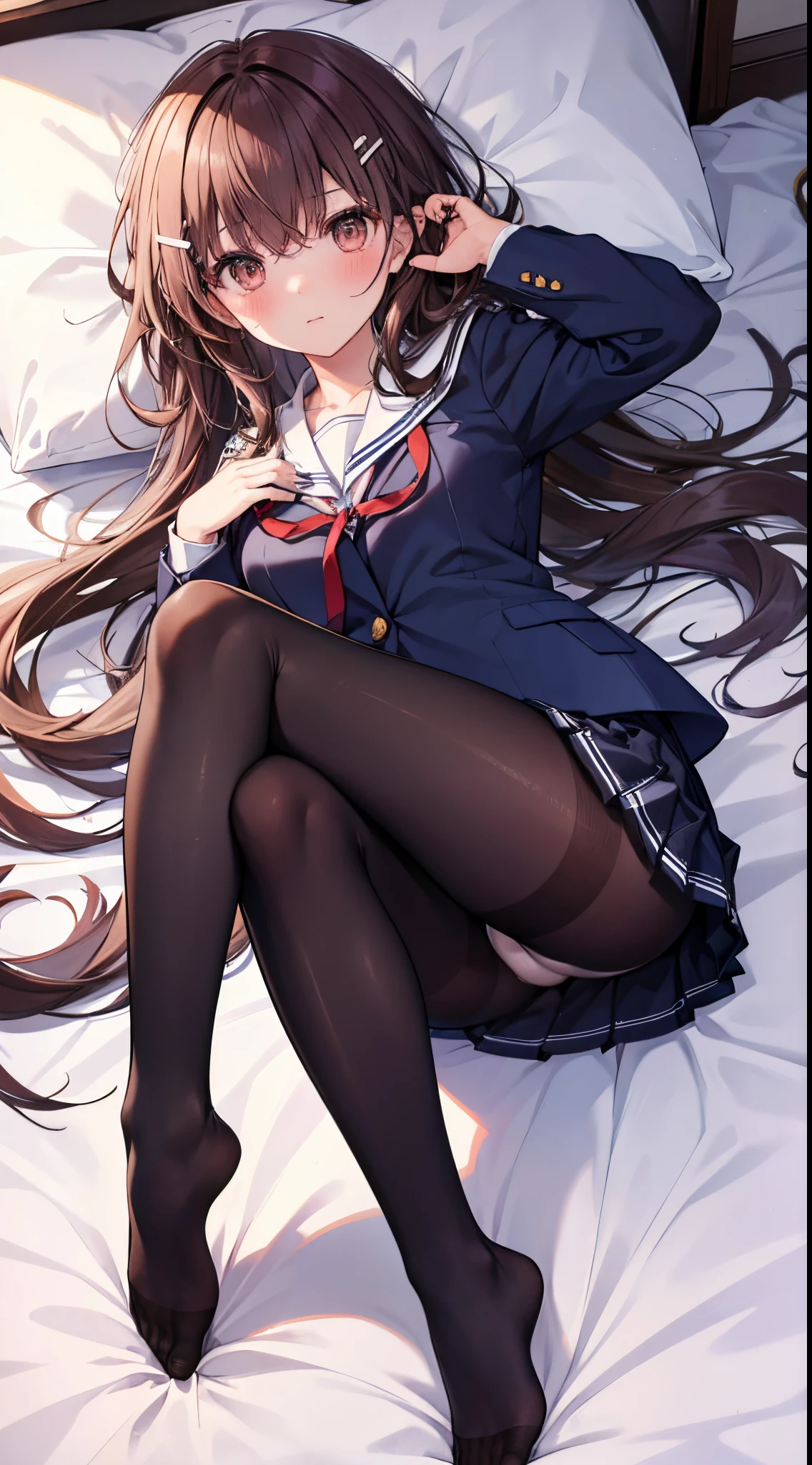Top quality, masterpiece, insanely detailed, (Full body shot), front view, symmetry, Mature Japanese high school girl, alone, (Solo: 1.3), slender legs, whole body from head to toe, from above, sitting, M-shaped legs, staring at the viewer: 1.3), small breasts, (black pantyhose): 1.2), white panties showing through the stockings, very beautiful girl, no shoes, (Blush: 1.3), Shy big eyes, (Short (brown hairy part), (bangs), messy hair, (hair clip), lying on white sheets, looking at you: 1.3), looking at the camera, white panties visible, white lingerie, high school uniform blazer, high school uniform white blouse, high school uniform blue ribbon, high school uniform plaid and navy pleated short skirt, Misaka Mikoto, brown very long hair, brown eyes