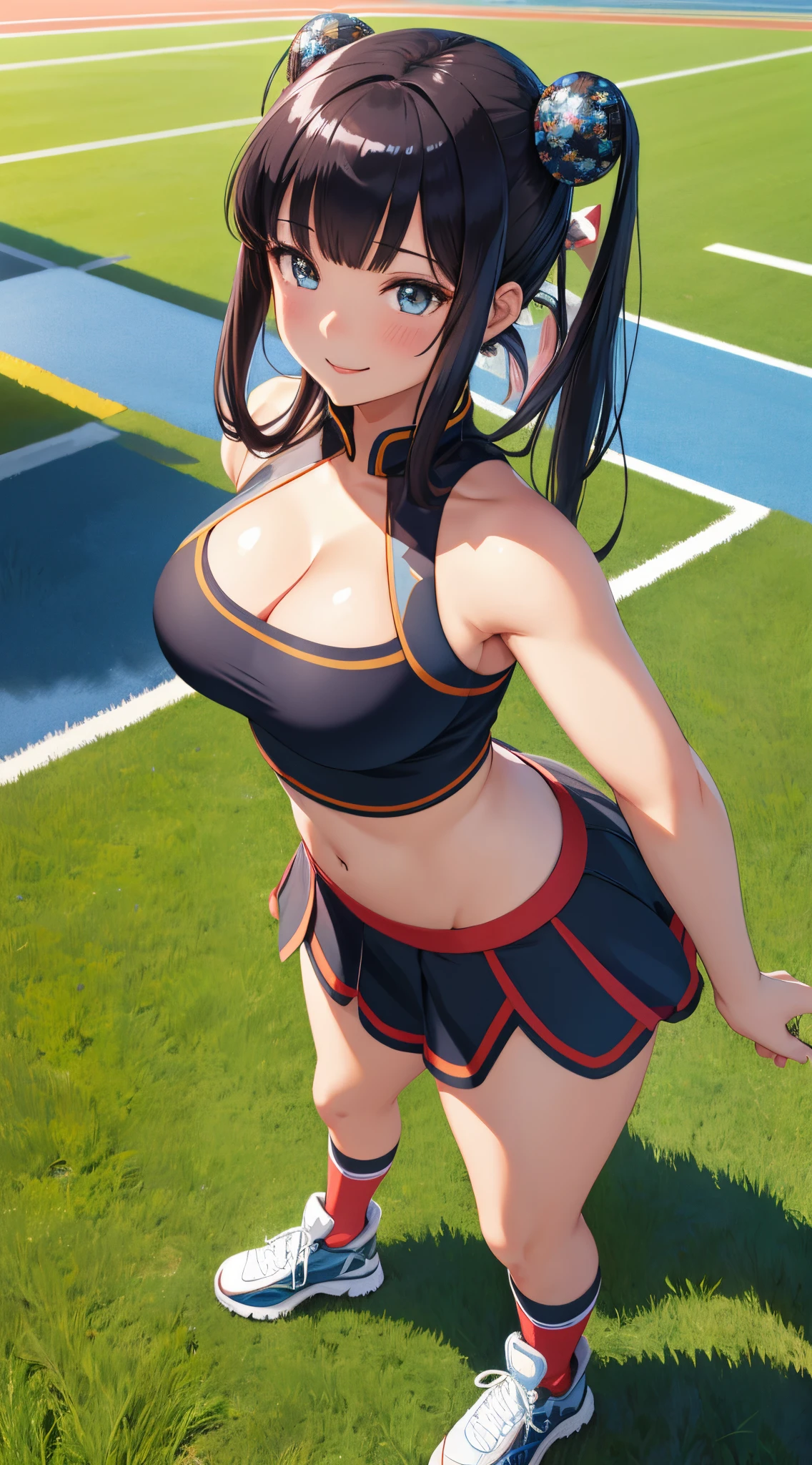 (best quality), 1 girl, ultra-detailed, illustration, yang guifei, cheerleader, cleavage, midriff, grass, glossy lips, light smile, sneakers, standing