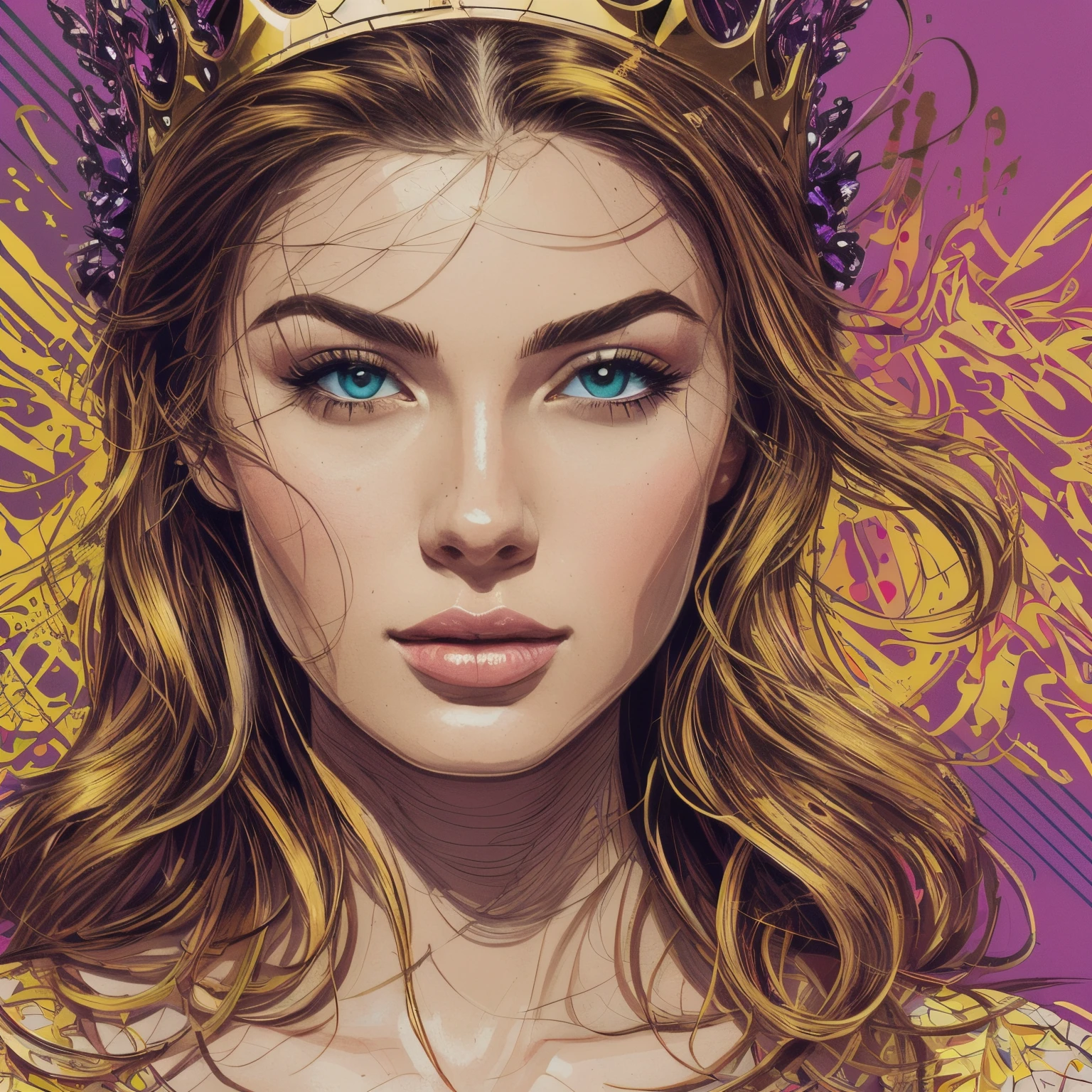 ((best quality)), ((masterpiece)), (detailed), perfect faceHighly detailed, High Quality, Masterpiece, beautiful, FISideRight, right side face angle, 1girl, solo, perfect face, abstract beauty, Create a digital art work in pop art style, luxury elegance bold with hint of feminine, happy & youthful, authentic, brave, princess wearing crown, (purple), (gold), centered, key visual, intricate, highly detailed, breathtaking beauty, precise lineart, vibrant, comprehensive cinematic, Carne Griffiths, Conrad Roset, vector art, Colorful graffiti illustration, (the most beautiful portrait in the world:1.5)