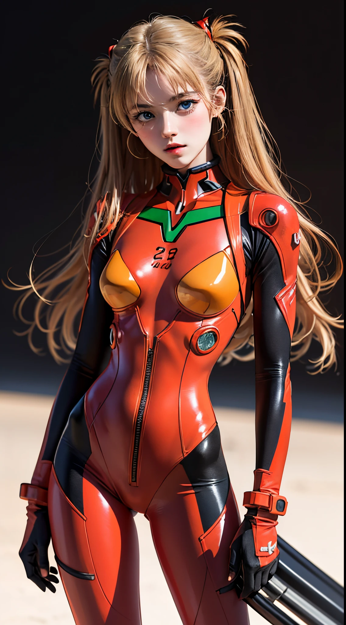 (Masterpiece: 1.4, highest quality), (intricate details), Unity8k wallpaper, super detailed, beautiful and mysterious, detailed background, realistic, solo, perfect detail face, detailed blue eyes, very detailed, blush, hair ornament, chignon mahogany hair, (blonde hair), plug suit 02,Shikinami Asuka Langley, Evangelion, slender -yeld gi full body suit, black background, Above the waist