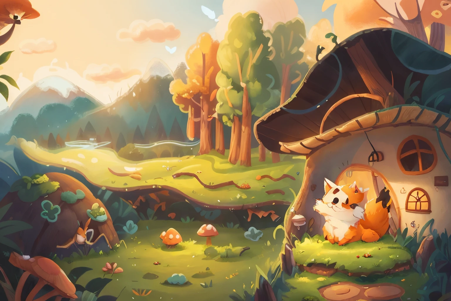 Painting of a fox in a mushroom house， against a scenic background, storybook illustrations, full page illustration, KIDS ILLUSTRATION, Quiet environment, Nature outside, storybook illustrations, Landscape view, storybook illustrations, sunny environment, storybook illustrations, cute storybook illustration,