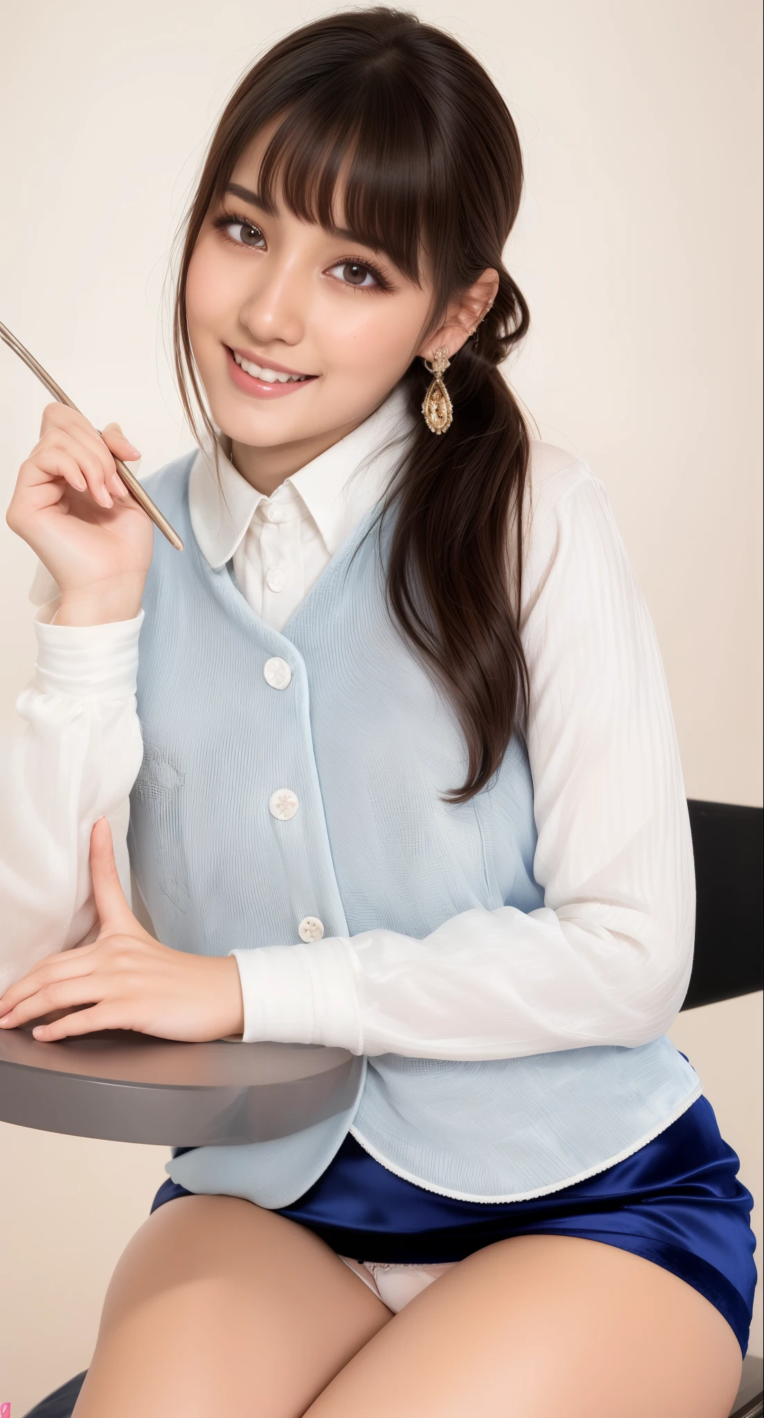 (looking at viewer:1.3),(big smile:1.2),(happy smile:1.1),(extremely beautiful face:1.3),(big eyes:1.3),(double eyelids:1.3),(very long silky hair:1.3),(long eyelashes:1.2), beautiful lips, beautiful eyes,(beautiful teeth:1.2),(sexy panties:1.1),(realistic silk panties:1.2),(white panties:1.2),(detailed panties:1.3),(17 year old girl:1.2),32K,masterpiece, Raw photo, (detailed fingers:1.2),Best Quality, photorealistic, highly detailed CG Unity 32K wallpaper, intricate detailed face, (Ultra detailed skin:1.2) super idol, clear eyes, thick thighs, drooping eyes, ,(tight skirt:1.3)