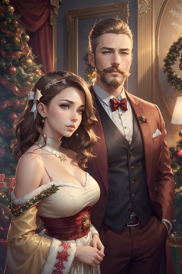 ((A couple in love)), ((woman with brown hair wearing a christmas gown small breast)), standing with ((a masculine man with short blonde hair and a full blonde beard with mustache, in a red and white suit)), blue eyes, hair with many details, 8k artgerm bokeh, fanart best artstation, render photorealistic, guweiz-style art, inspired by WLOP, ig model | artgerm, detailed waist up portrait, stunning wait up portrait of realistic face, beautiful waist up portrait, deviantart artstation cgscosiety, cinematic realistic portrait, high quality portrait, elegant digital painting, photorealistic artstyle, ((Christmas living room background))