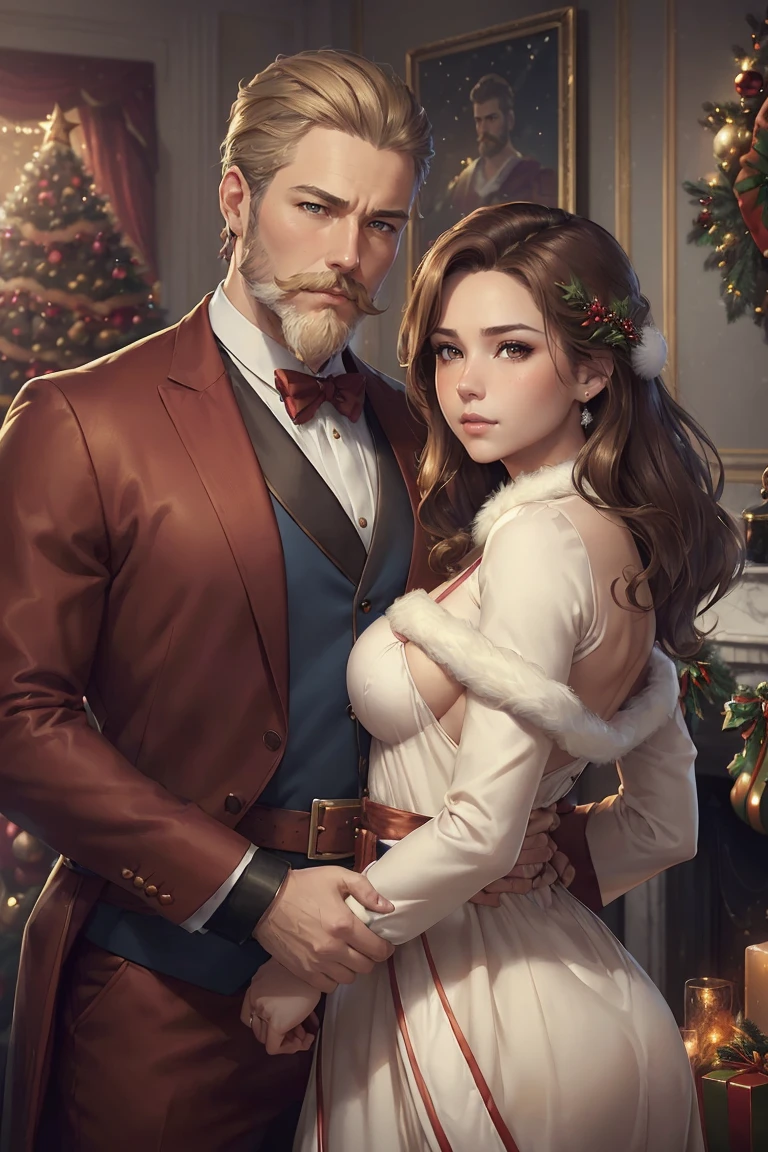 ((A couple in love)), ((woman with brown hair wearing a christmas gown small breast)), standing with ((a masculine man with short blonde hair and a full blonde beard with mustache, in a red and white suit)), blue eyes, hair with many details, 8k artgerm bokeh, fanart best artstation, render photorealistic, guweiz-style art, inspired by WLOP, ig model | artgerm, detailed waist up portrait, stunning wait up portrait of realistic face, beautiful waist up portrait, deviantart artstation cgscosiety, cinematic realistic portrait, high quality portrait, elegant digital painting, photorealistic artstyle, ((Christmas living room background))