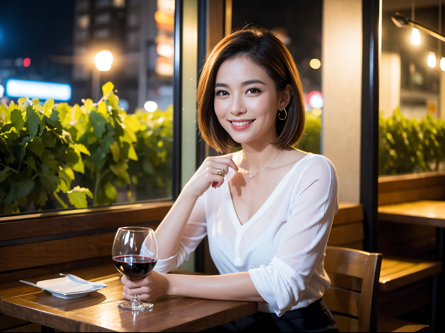 (64k uhd, nffsw, of the highest quality, masutepiece: 1.2), (Realistic, Photorealistic: 1.37), Pretty Woman 1, (Slim Face), (Slim body), (Brown hair), (short-cut), cheeks blush a little, (40 years old), 38 years, Solo, A beautiful and detailed night view spreads out outside the window....., restaurant, Sitting in a wine glass, At night, In a prominent place (from waist up) NovaFrogStyle, actress, Model, waist-up, white wine, slim, wine glasses, Super clean night view, Wine glass placed in the middle, Happy smile, (Smile: 1.15), Beautiful fine eyes, Upper body, Bust Japan Up, Night, Short, Short, actress, Model, waist-up, white wine, slim, wine glasses, Super clean night view, Wine glass placed in the middle, Happy smile,