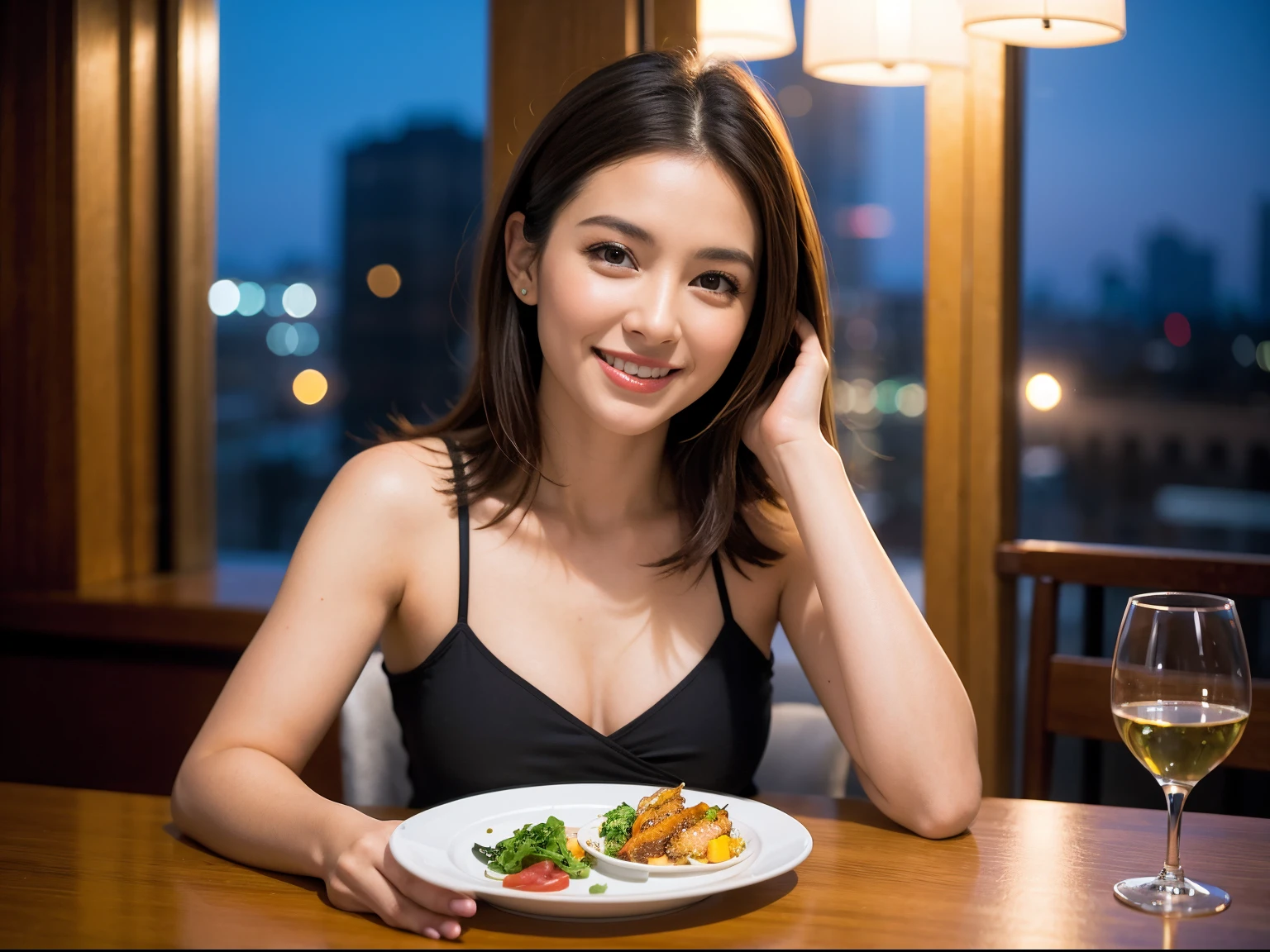 (64k uhd, nffsw, of the highest quality, masutepiece: 1.2), (Realistic, Photorealistic: 1.37), Pretty Woman 1, (Slim Face), (Slim body), (Brown hair), (short-cut), cheeks blush a little, (40 years old), 38 years, Solo, A beautiful and detailed night view spreads out outside the window....., restaurant, Sitting in a wine glass, At night, In a prominent place (from waist up) NovaFrogStyle, actress, Model, waist-up, white wine, slim, wine glasses, Super clean night view, Wine glass placed in the middle, Happy smile, (Smile: 1.15), Beautiful fine eyes, Upper body, Bust Japan Up, Night, Short, Short, actress, Model, waist-up, white wine, slim, wine glasses, Super clean night view, Wine glass placed in the middle, Happy smile,