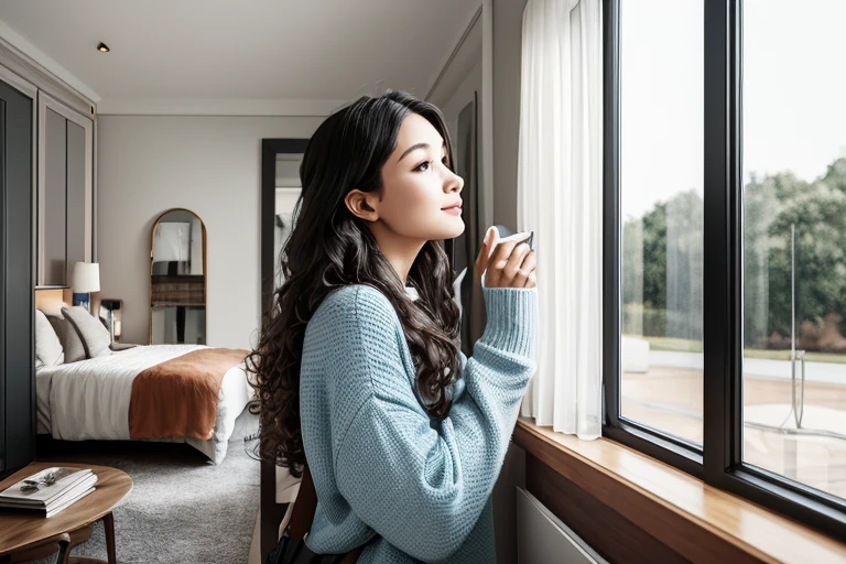 a beautiful  woman，exquisite facial featureull body reading in bright living room，Surrounded by natural light and plants。This girl has long curly hair，Wearing a light blue sweater and jeans。she focuses on a book，Occasionally look up，Smiling at the nature outside the window。Rooms have a cozy atmosphere，Equipped with comfortable furniture and large soft rugs。The walls are decorated with frames，Plants scattered around the room。The girl&#39;s expression  calm and content。（best qualtiy，4k，vivd colour，natural soft light，Read，peacful，Content）overseas factionull bodyesbian：1.2），tmasterpiece，best qualityer，8k，offcial art，电影灯光，超高分辨率，cinematic perspective，Advertising style，MagazineCover，