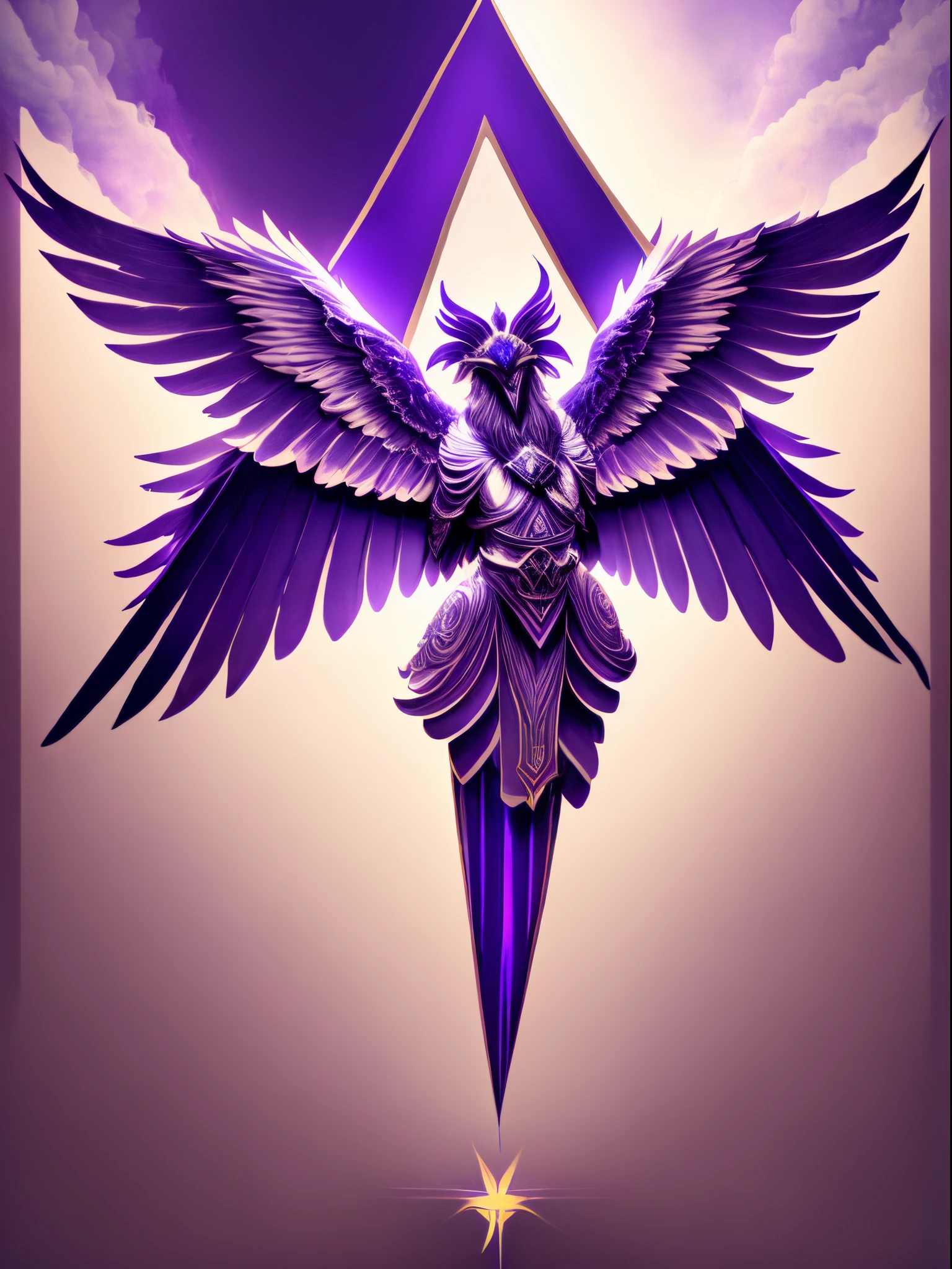 A seraphim with a glowing purple triangle floating above its head with a bright background allowing the main subject to be focused on