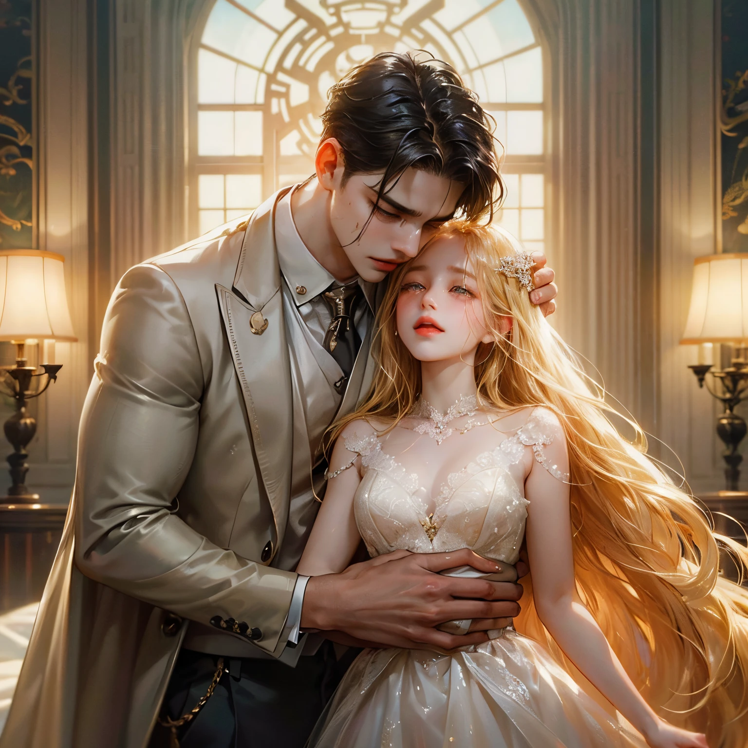 concept-art、a couple、❴A beautiful young man hugging a crying beautiful girl❵、(two beautiful faces)、Lustrous skin、eyes with tears running down、(Neutral males)、Glamorous depiction、dramatic compositions、Masterpiece、4K