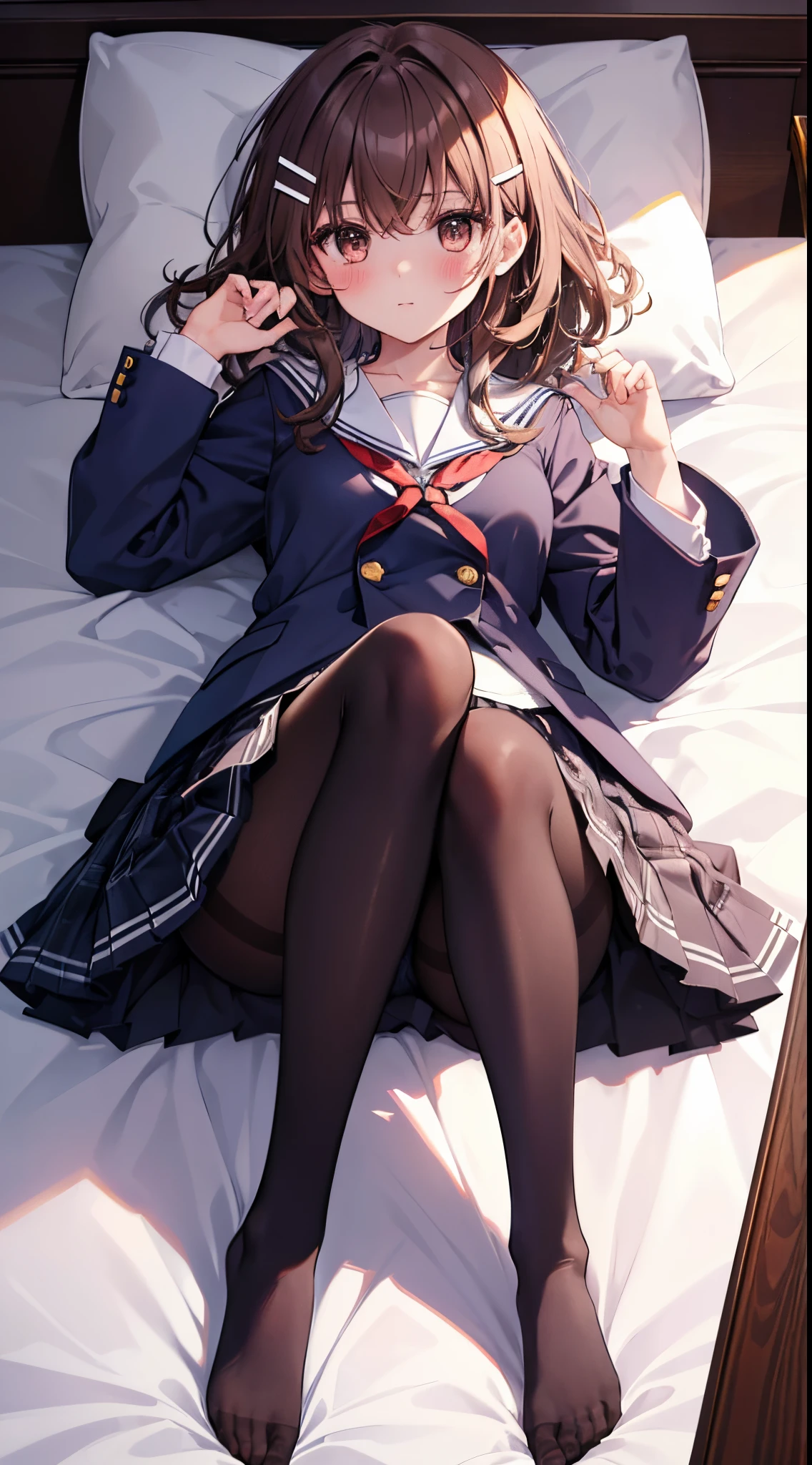 Top quality, masterpiece, insanely detailed, (Full body shot), front view, symmetry, Mature Japanese high school girl, alone, (Solo: 1.3), slender legs, whole body from head to toe, from above, sitting, M-shaped legs, staring at the viewer: 1.3), small breasts, (black pantyhose): 1.2), white panties showing through the stockings, very beautiful  girl, no shoes, (Blush: 1.3), Shy big eyes, (Short (brown hairy part), (bangs), messy hair, (hair clip), lying on white sheets, looking at you: 1.3), looking at the camera, white panties visible, white lingerie, high school uniform blazer, high school uniform white blouse, high school uniform blue ribbon, high school uniform plaid and navy pleated short skirt, Misaka Mikoto, brown very long hair, brown eyes