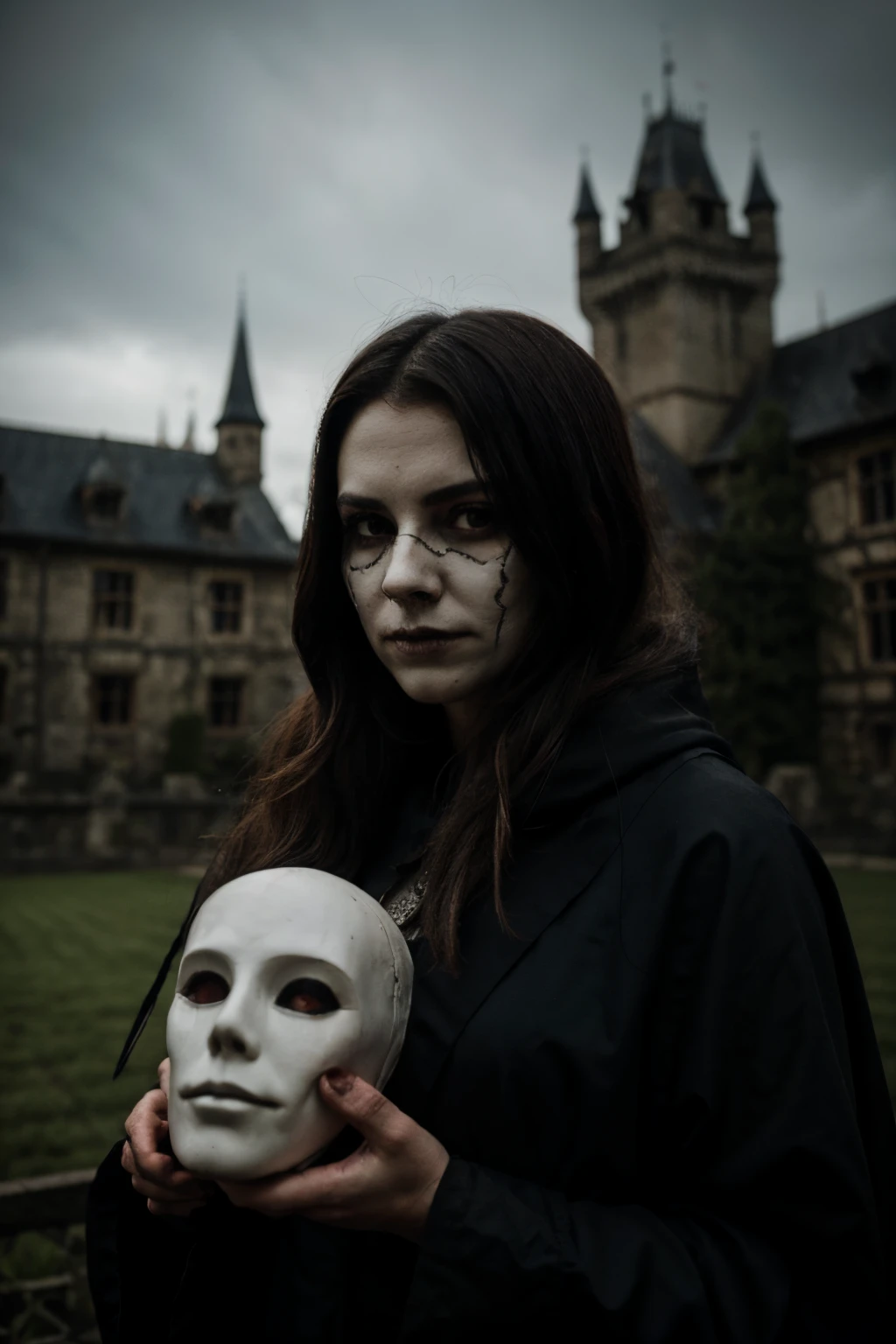 scary ghost-woman on a dark background holds a human mask in her hands; gloomy medieval castle in the background; hiquality