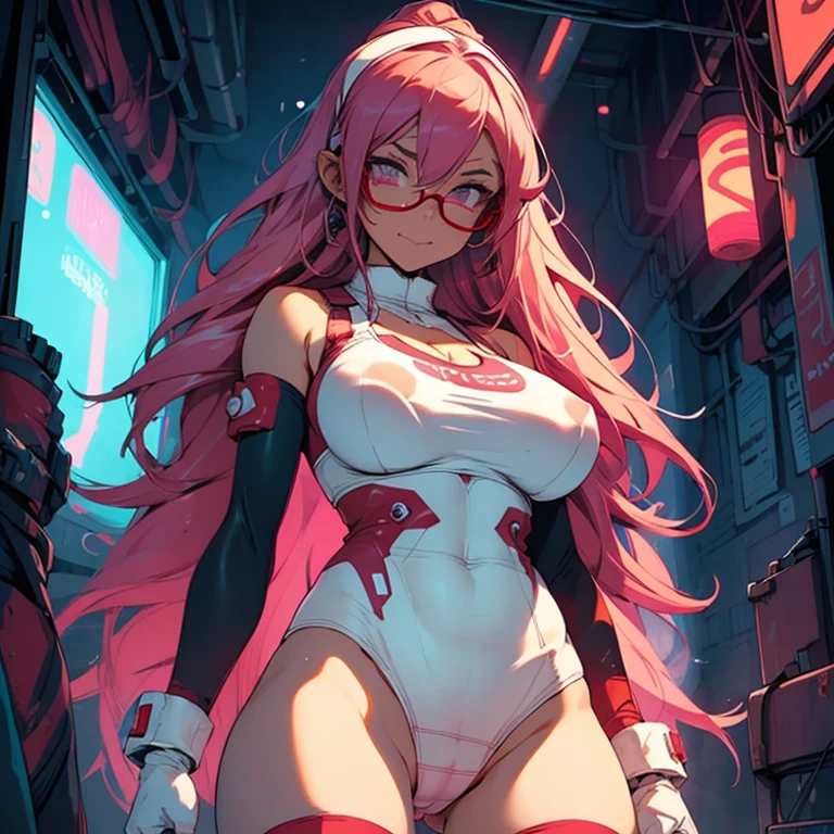 cyberpunk elf、red pink long hair、((Red glasses:1.5)、Sparkling eyes、gazing at viewer、ssmile、smiling at the viewer、Ultra-detailed face)、((Huge breasts:1.5)、Chest apart、Puffy nipple、underboob、sideboob barbosa、(White Tight Sports Bra:1.5))、((red pink low leg panties:1.5)、Navel out、(Cameltoe:1.5)、large luminous tattoo on genitals、zettai ryouiki)、(Curve、NSFW)、Focus on the chest, Looking up from below.、(night cyberpunk background、A futuristic city illuminated by neon lights at night)、(Illustration:2.0)