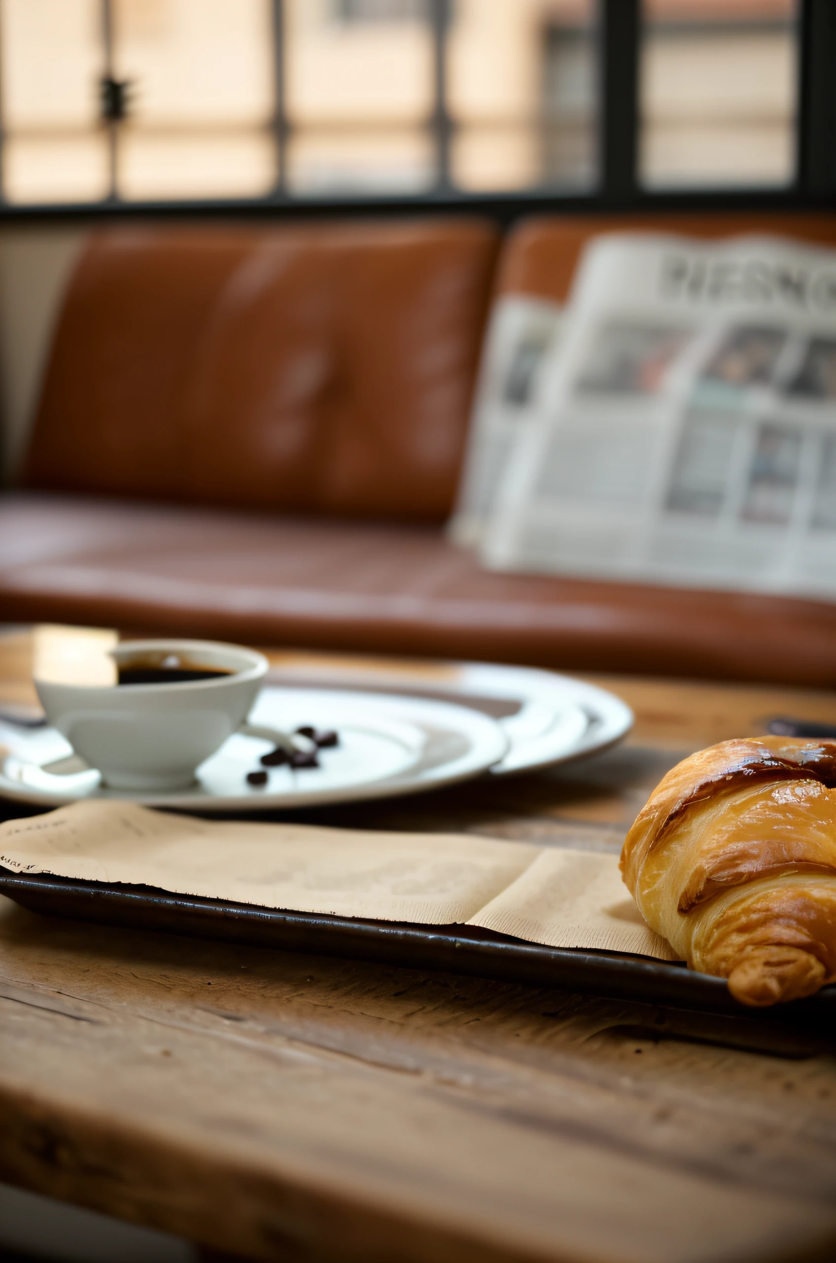 （There  a croissant on a plate on the table）There are newspapers and coffee （There  depth of field）（Best quality）（The best light）