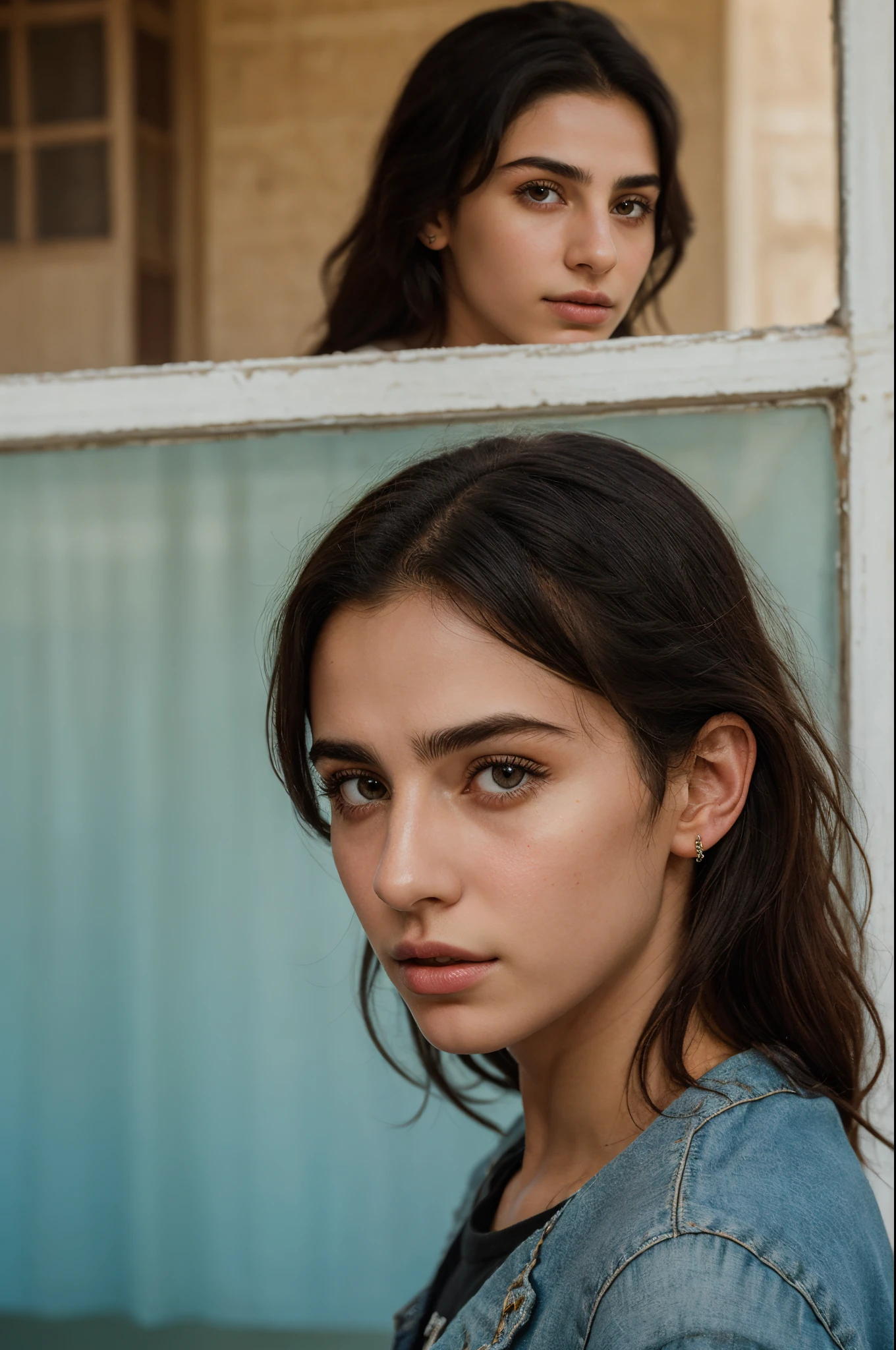 a portrait of a Saudi girl, looking at the viewer with the face of timothee chalamet