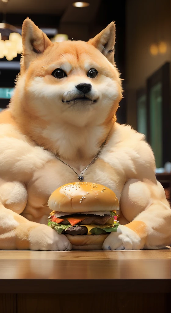 a professional photo of [(((buff Swoledoge))):buff Swoledoge:8], grinning, dog body, eating a large burger in a restaurant, cinematic dramatic light, smooth transition, bokeh
