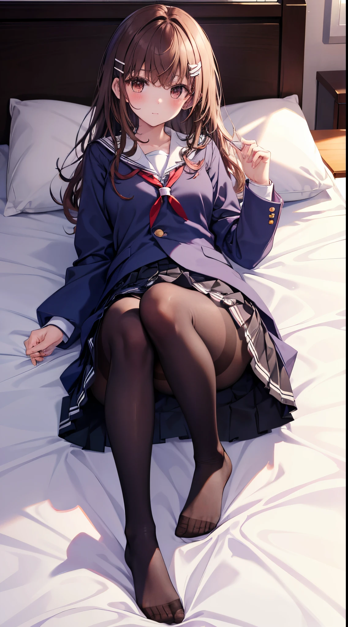 Top quality, masterpiece, insanely detailed, (Full body shot), front view, symmetry, Mature Japanese high school girl, alone, (Solo: 1.3), slender legs, whole body from head to toe, from above, sitting, M-shaped legs, staring at the viewer: 1.3), small breasts, (black pantyhose): 1.2), white panties showing through the stockings, very beautiful  girl, no shoes, (Blush: 1.3), Shy big eyes, (Short (brown hairy part), (bangs), messy hair, (hair clip), lying on white sheets, looking at you: 1.3), looking at the camera, white panties visible, white lingerie, high school uniform blazer, high school uniform white blouse, high school uniform blue ribbon, high school uniform plaid and navy pleated short skirt, Misaka Mikoto, brown very long hair, brown eyes