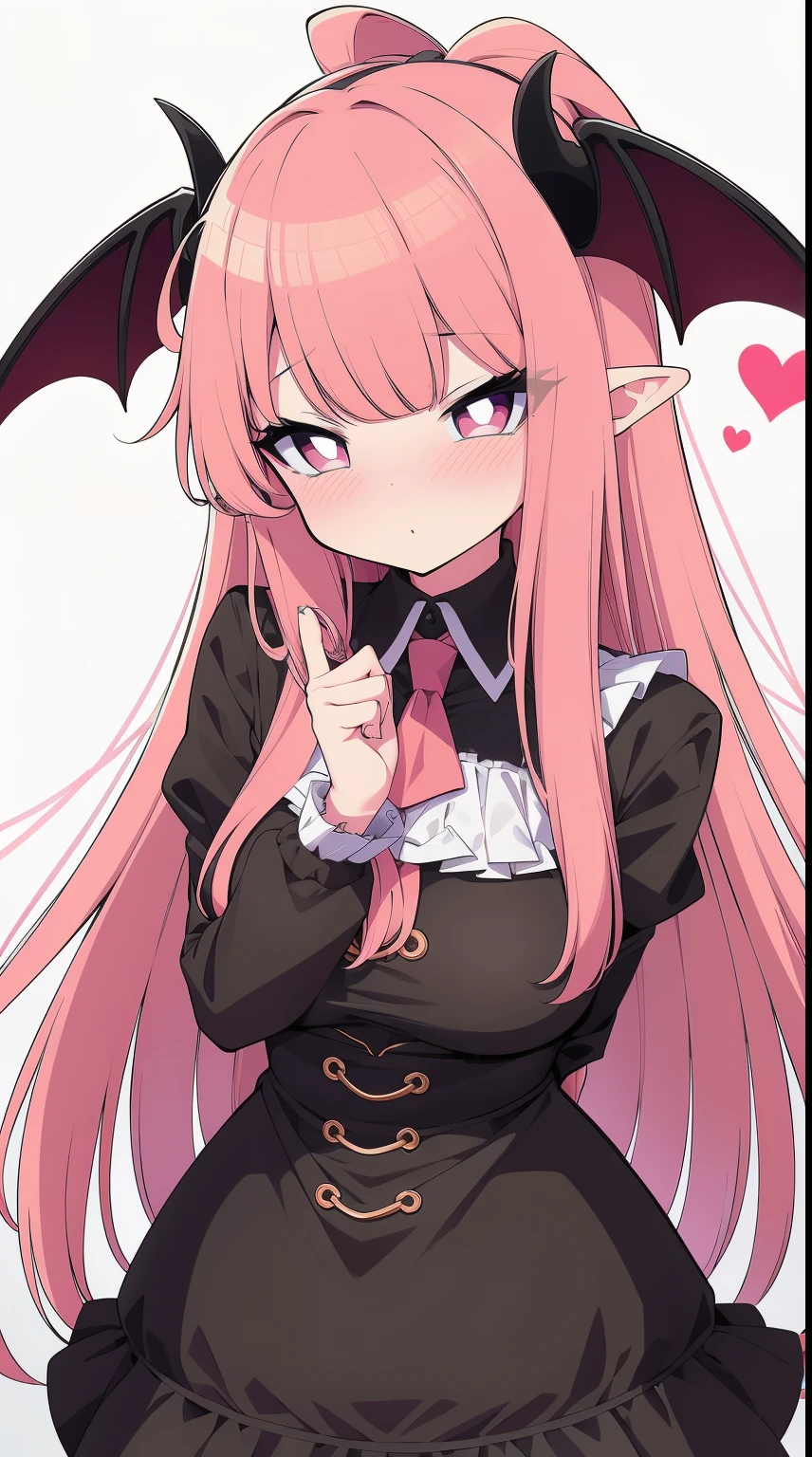 Cute demon succubus, soft blush, pink eyes, heart eyes, hearts, bat wings, devil horns, pink and black clothes, ruffles, adorable, perfect body, hourglass shape, pink hair, devil tail, closeup, fair skin, ta