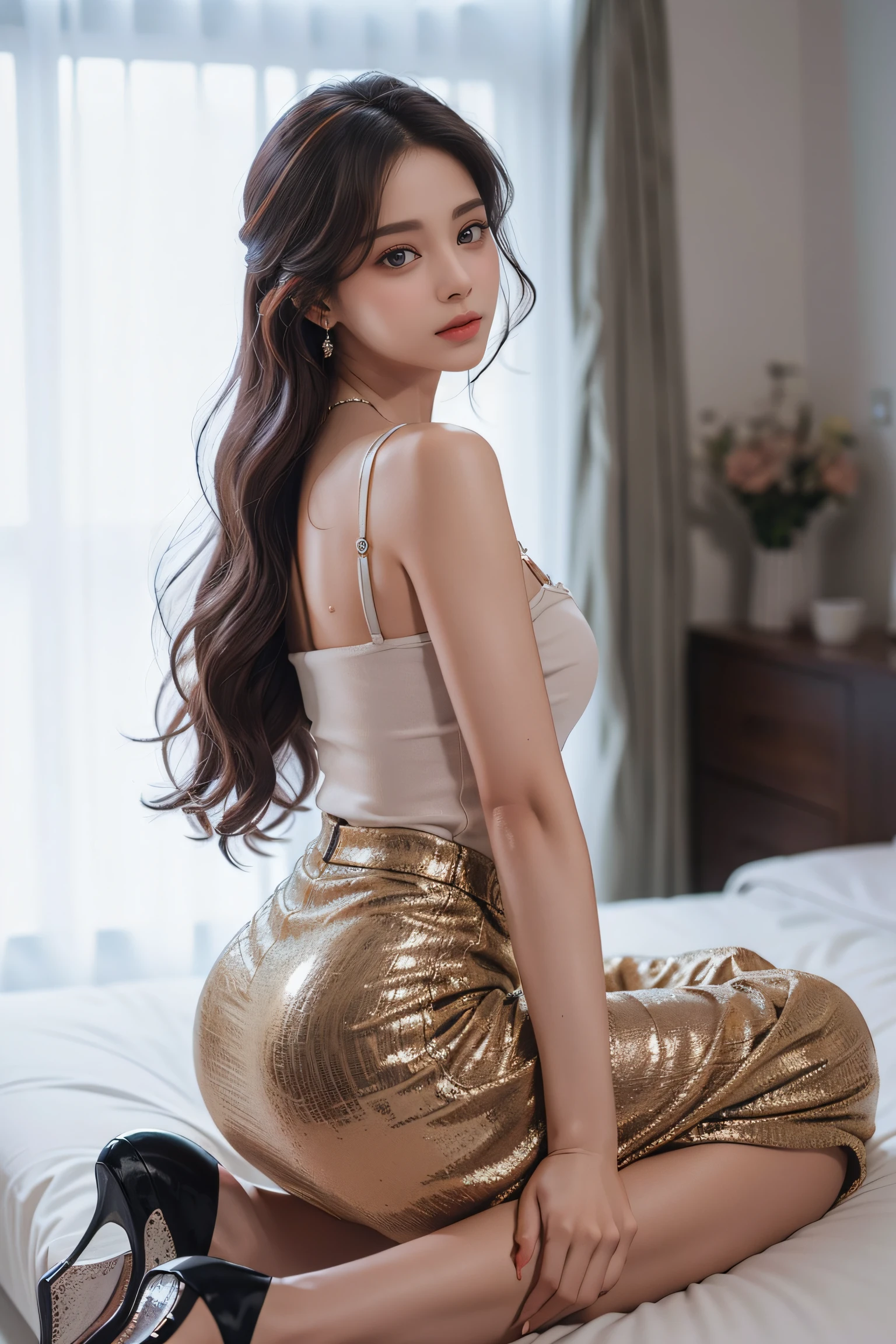 masterpiece, Highest quality, Realistic, Highly detailed CG integrates 8K, 8K,(Very beautiful face, Beautiful Lips, Beautiful Eyes), Exquisitely detailed face,1 Girl, Very beautiful girl,Exquisite eye makeup,Subtle eye detail,The best example of four fingers and one thumb,Toned figure,Nice and beautiful smile,Bright long hair,transparent, Quality hair,Bedroom,silk long dress,Shiny Dress,- Elbow hand pockets, Beautiful long hair, Big Ass, Realistic美しいlegs, Clothes with a wide open chest, stockings, A well-trained body, Abdominal muscles, Professional Lighting, Glowing Skin,Sexy pose