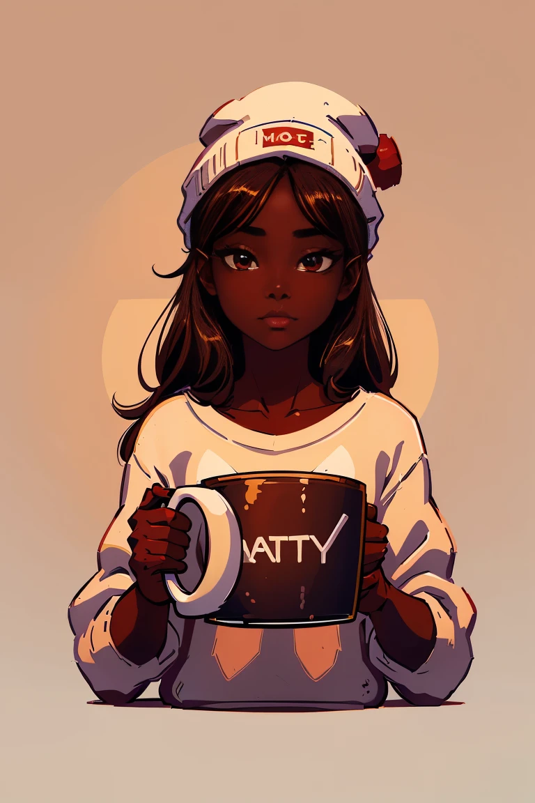 Dark skin pretty young woman in an oversized fuzzy fitted shirt, shy, ((holding a mug with the letters c-a-t-t-y” written on it)), insanely detailed, 4K, 2D illustration, red hat, clearly detailed eyes,  luminous brown eyes, small breast