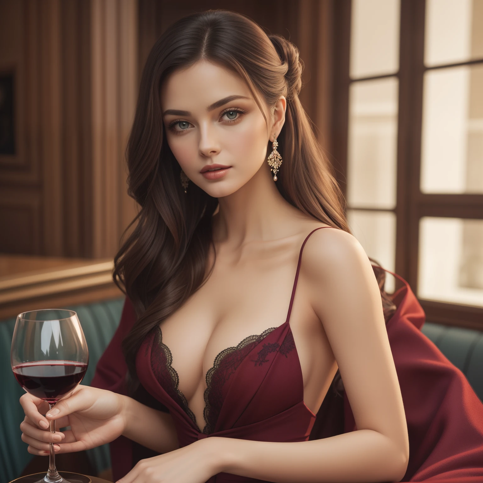 Elegant and elegant woman holding a glass of wine, Slim and graceful figure, Her hair can be styled in a classic updo, Deep and affectionate gaze, Elegant rich robe, dark colour,such as wine red or dark red, A hue reminiscent of red wine, Her overall demeanor exudes sophistication and poise, Capturing the essence of the drinking experience, beautiful woman extremely beautiful woman, Mid chest nikon d850 film stock photo 4 kodak portra 400 camera f1.6 shots rich colors hyper realistic textures dramatic lighting unreal engine popular on artstation cinestill 800,8K,Cinematic,Cinema lenses, The scene
