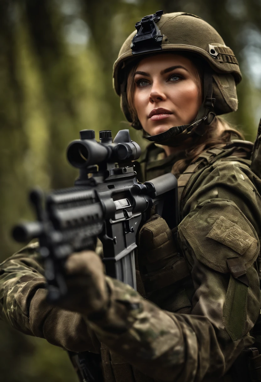 best quality,ultra-detailed,realistic:1.37,female soldiers,combat uniforms,tactical gear,protective helmets,assault rifles,strong and confident,stern expressions,dynamic poses,intense action,military backdrop,HDR,vivid colors,professional
