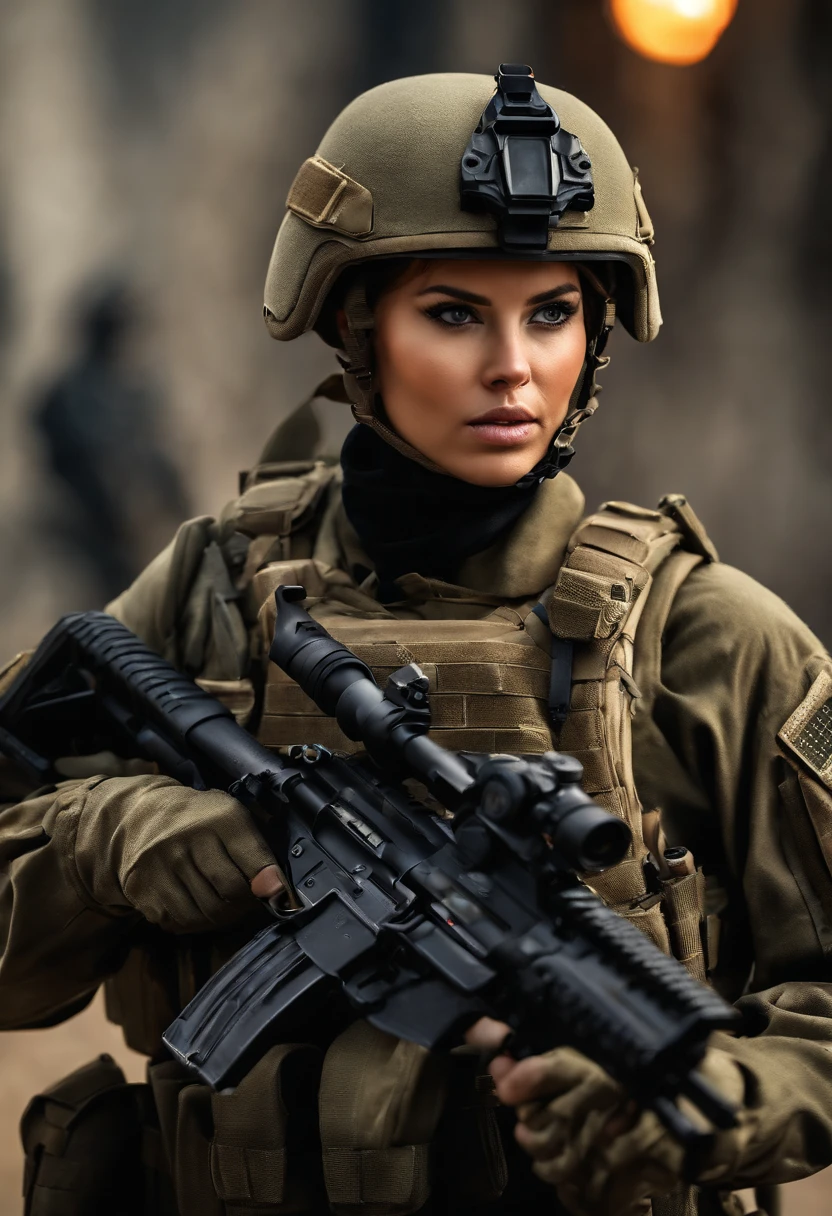 best quality,ultra-detailed,realistic:1.37,female soldiers,combat uniforms,tactical gear,protective helmets,assault rifles,strong and confident,stern expressions,dynamic poses,intense action,military backdrop,HDR,vivid colors,professional