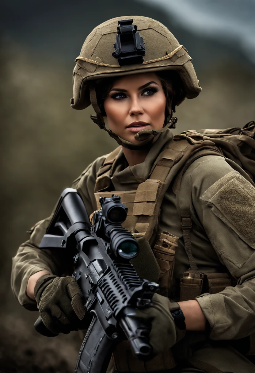 best quality,ultra-detailed,realistic:1.37,female soldiers,combat uniforms,tactical gear,protective helmets,assault rifles,strong and confident,stern expressions,dynamic poses,intense action,military backdrop,HDR,vivid colors,professional