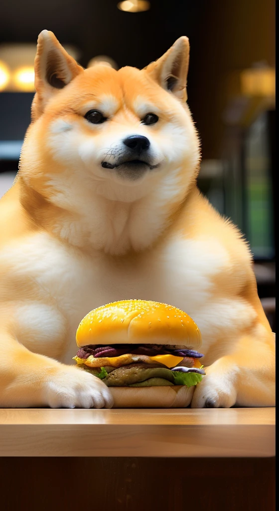 a professional photo of [(((buff Swoledoge))):buff Swoledoge:8], grinning, dog body, eating a large burger in a restaurant, cinematic dramatic light, smooth transition, bokeh