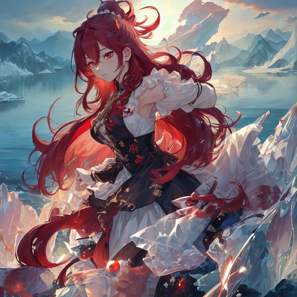 {{pony tail hairstyle}},{{{slight laugh}}},A MILF,Black Witch,absurderes,In its miraculous realm、The huge moon reflects off the transparent surface of the lake,、Bestow magical powers、It has a mesmerizing background with delicate fairies dancing(Wide View:1.3)、a sense of depth、(looking at away:1.1)、(beatiful backgrounds、细致背景:1.5)、 (​masterpiece、top-quality:1.3)、beautiful detailed brilliance、The best lighting、(top-quality、textile shading、ultra-detailliert:1.3)、the Extremely Detailed CG Unity 8K Wallpapers、Highly detailed and beautiful aesthetic、best light、hight resolution、detaileds、Dynamic lighting、super-detaild skin、intricate-detail、Hyper-detailing、Sharp Detail、细节、hight resolution、intricate detailes、(delicated facial features:1.3)、break、Detailed Images、Glossy images、catchlight,break, 1 milf,sleepy eyes,Expression of leeway,Open your eyes slightly,Reflecting,in fighting,Fantasia,magic of fire and ice,natta, (red eyes:1.6), (long red hair with movement:1.6)、 (Bangs parting:1.1)、