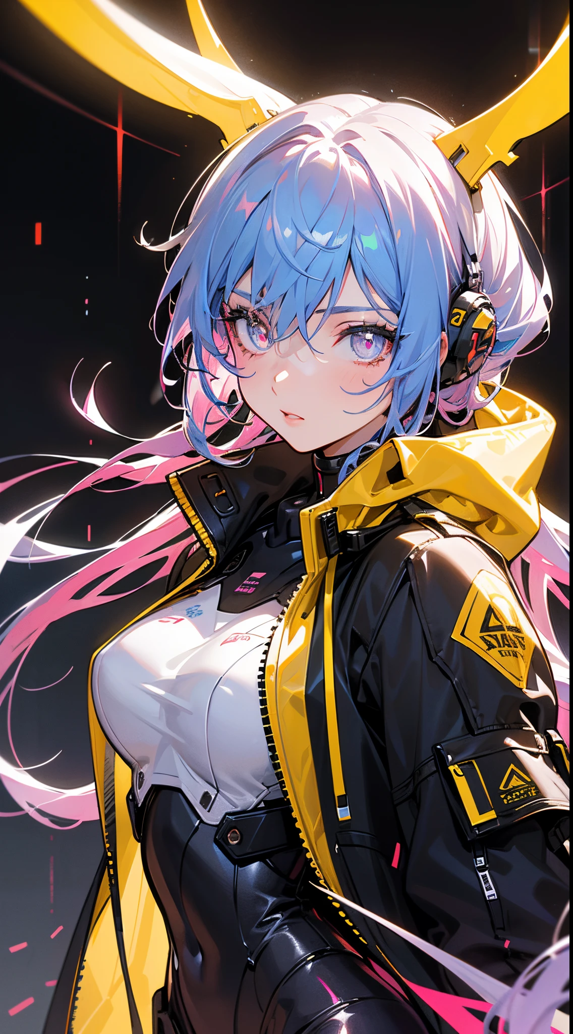 glowing eyes, colourful glowing hair, wearing sci-fi jacket, anime style, high detail, Futurism, glowing light, UHD, retina, masterpiece, ccurate, anatomically correct, textured skin, super detail, high details, high quality, award winning, best quality, highres