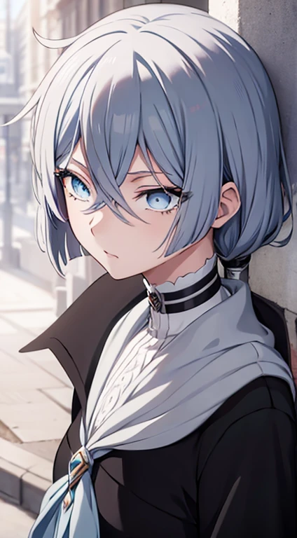 a girl silver hair and grey eyes , vanitas no carte art style,  a silver haired , 11 year old anime goth girl as an anime character, white background, white eyelashes