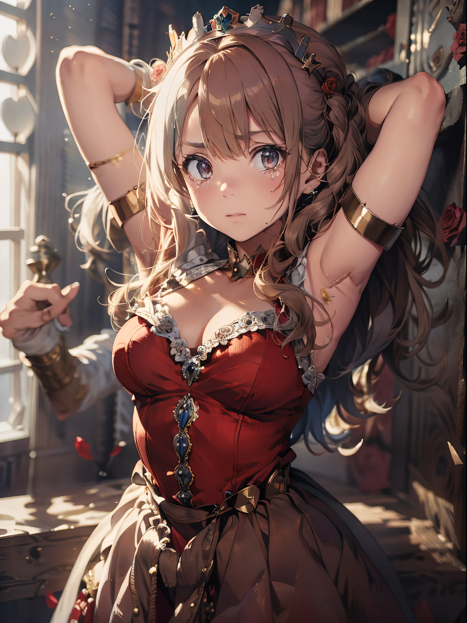 (The highest image quality, master piece:1.2), (Ultra Definition Illustration), (very beautiful matured queen, 45yo:1.3), (captured, in_prison), rpgroyal, (sleeveless gorgeous queen red dress with roses:1.3), (armpits), arms behind head, blond wavy hair, (embarrassed, crying:1.2),