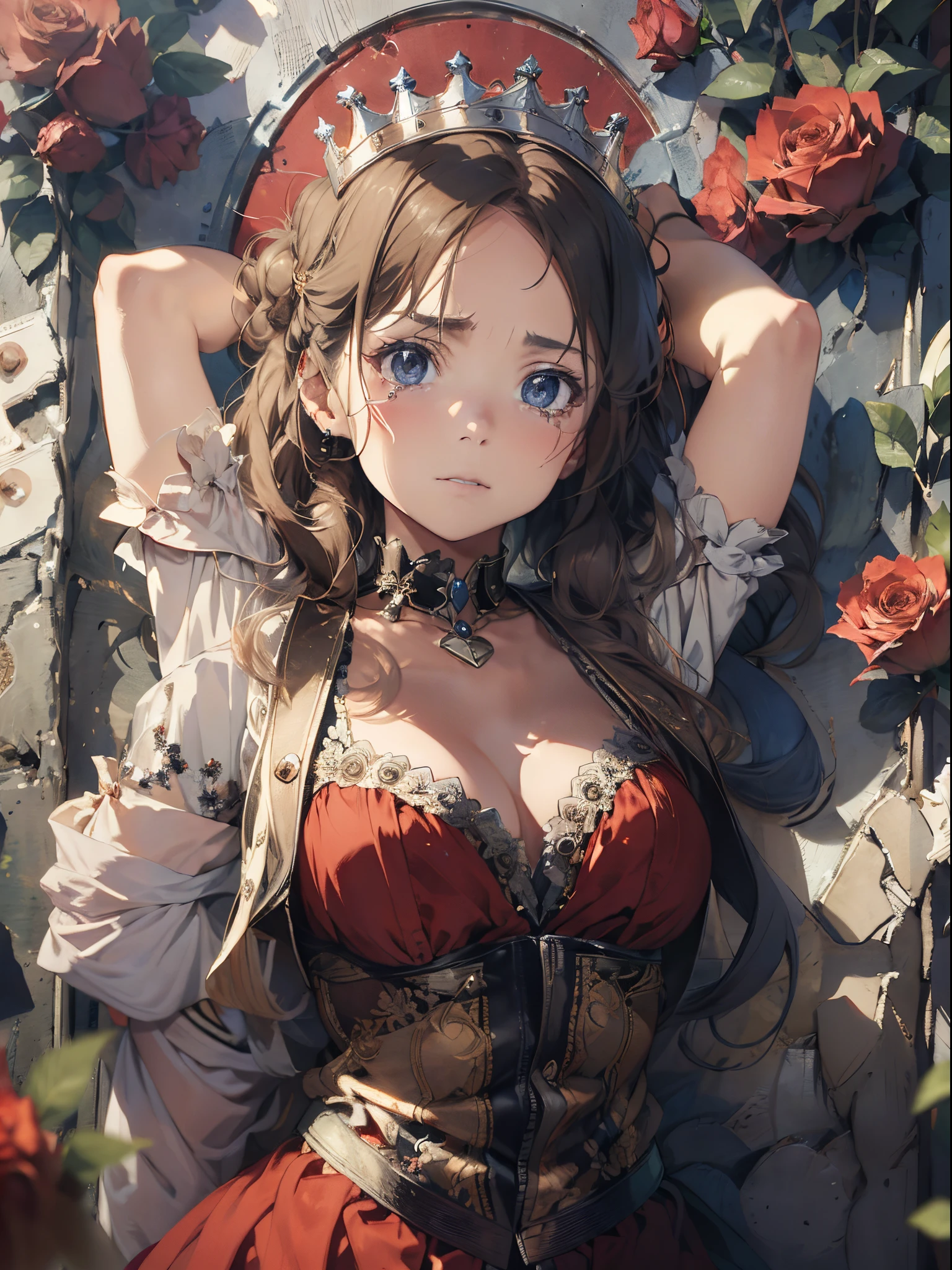 (The highest image quality, master piece:1.2), (Ultra Definition Illustration), (very beautiful matured queen, 45yo:1.3), (captured, in_prison), rpgroyal, (sleeveless gorgeous queen red dress with roses:1.3), (armpits), arms behind head, blond wavy hair, (embarrassed, crying:1.2),