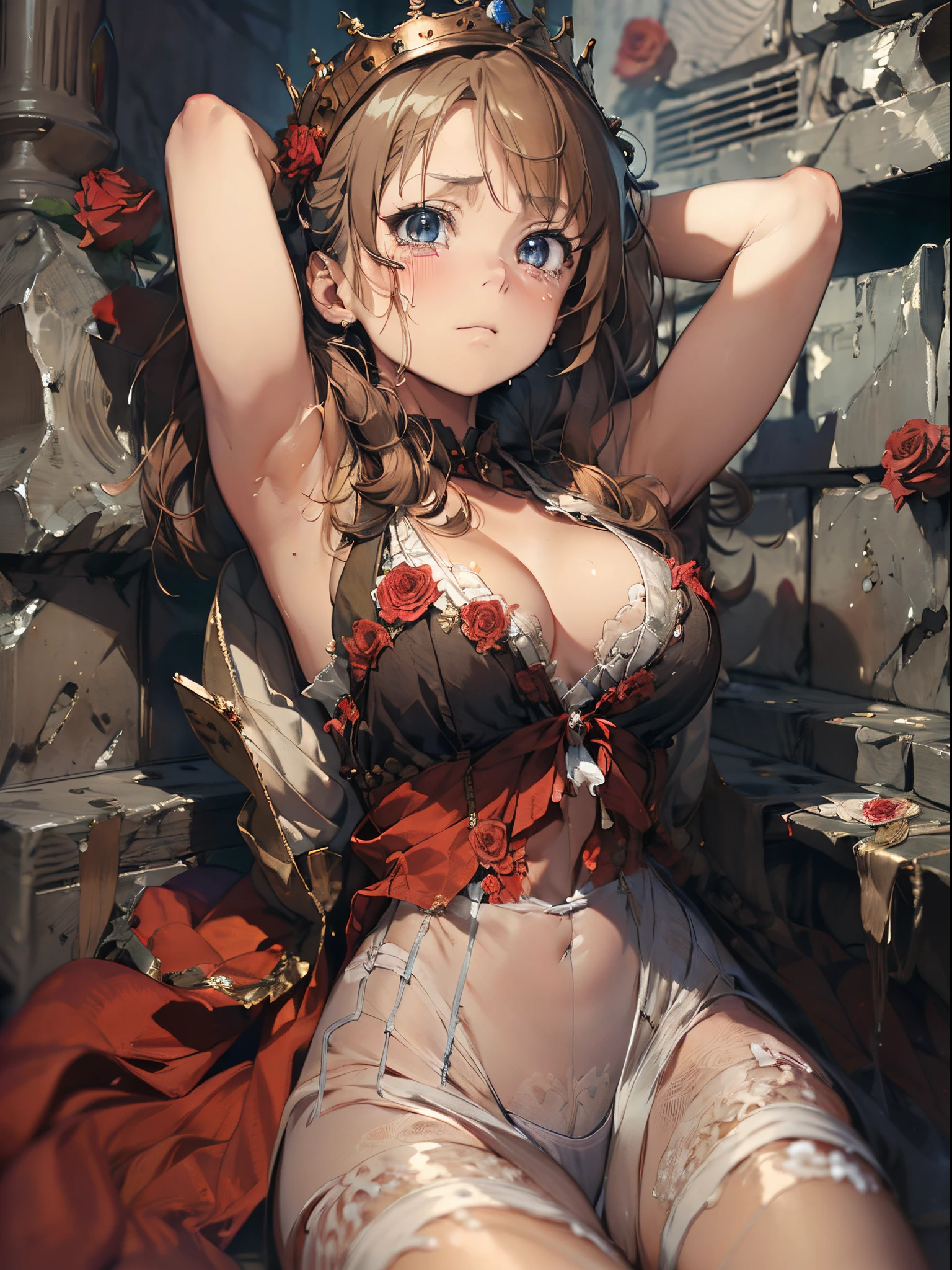 (The highest image quality, master piece:1.2), (Ultra Definition Illustration), (very beautiful matured queen, 45yo:1.3), (captured, in_prison), rpgroyal, (sleeveless gorgeous queen red dress with roses:1.3), (armpits), arms behind head, blond wavy hair, (embarrassed, crying:1.2),