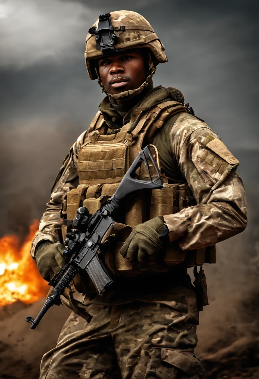 best quality,ultra-detailed,realistic:1.37,africam male soldiers,combat uniforms,tactical gear,protective helmets,assault rifles,strong and confident,stern expressions,dynamic poses,intense action,military backdrop,HDR,vivid colors,professional