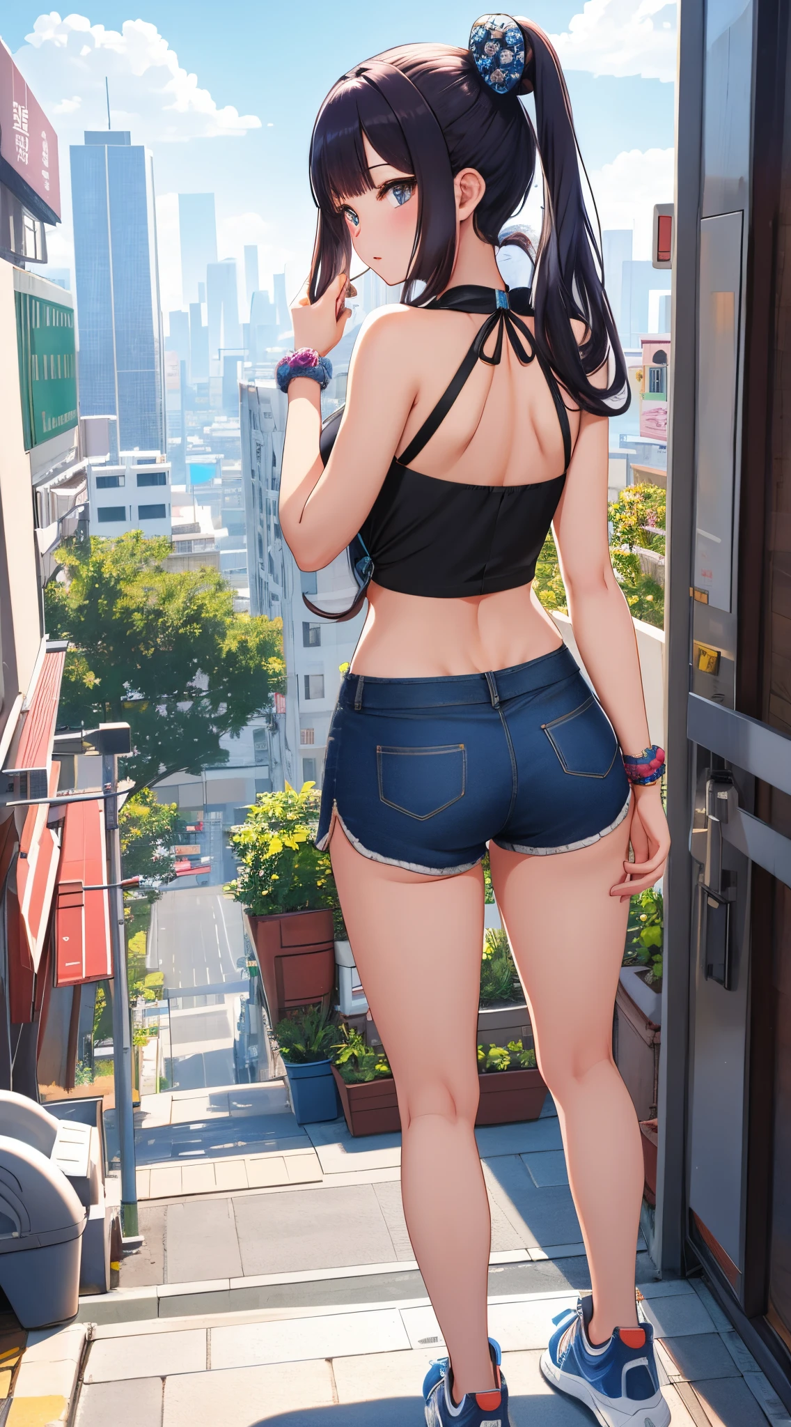 (best quality), 1 girl, ultra-detailed, illustration, yang guifei, city street, standing, (view from behind), short shorts, sneakers, halter top