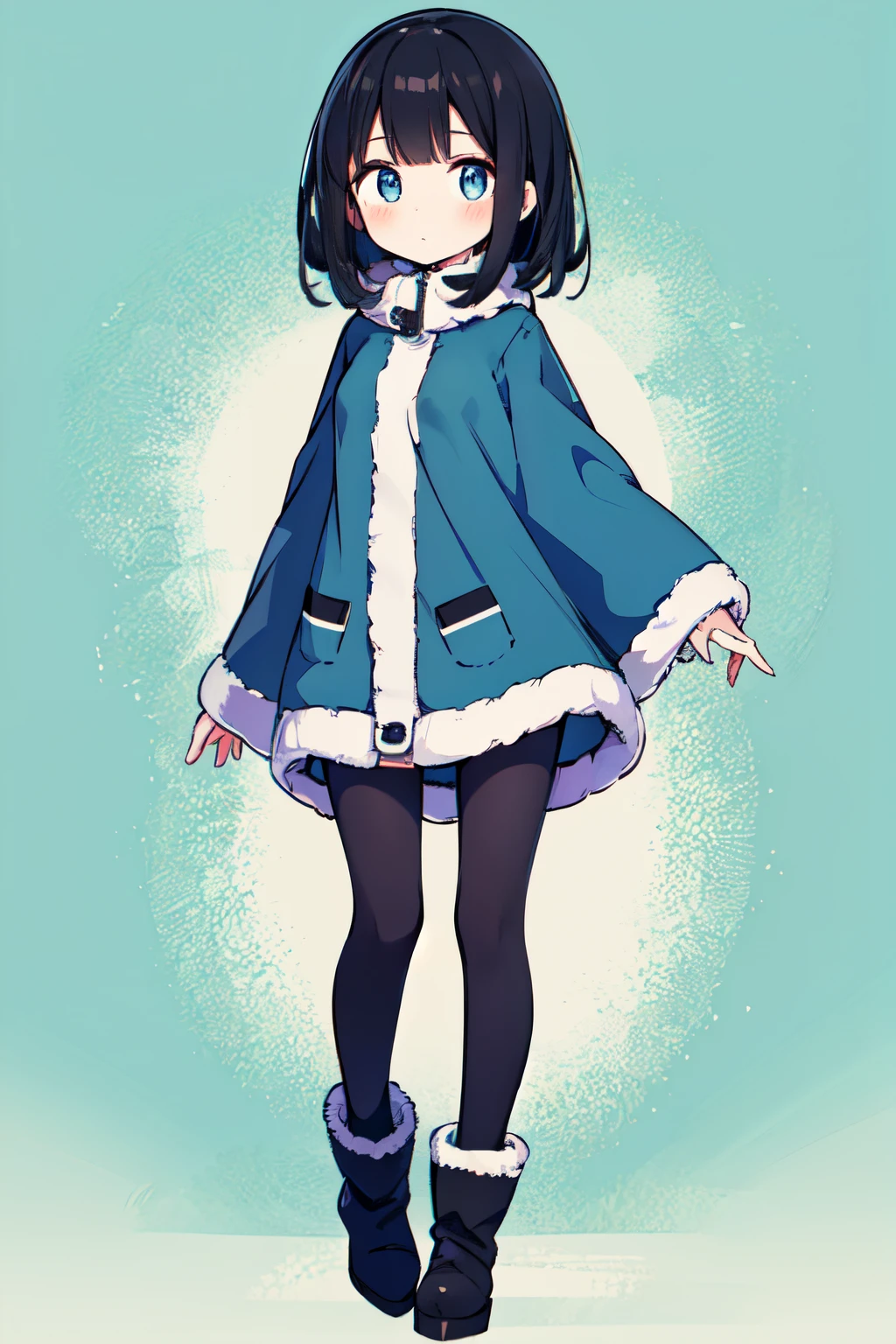 (masterpiece, best quality), 1girl, solo, , emaciated, small breast, kawaii, beautiful face, beautiful eyes, detailed pupils, black medium hair, messy hair, dark blue eyes, woolen poncho, tights, boots, full body, standing, looking at viewer, front view, no background, green background