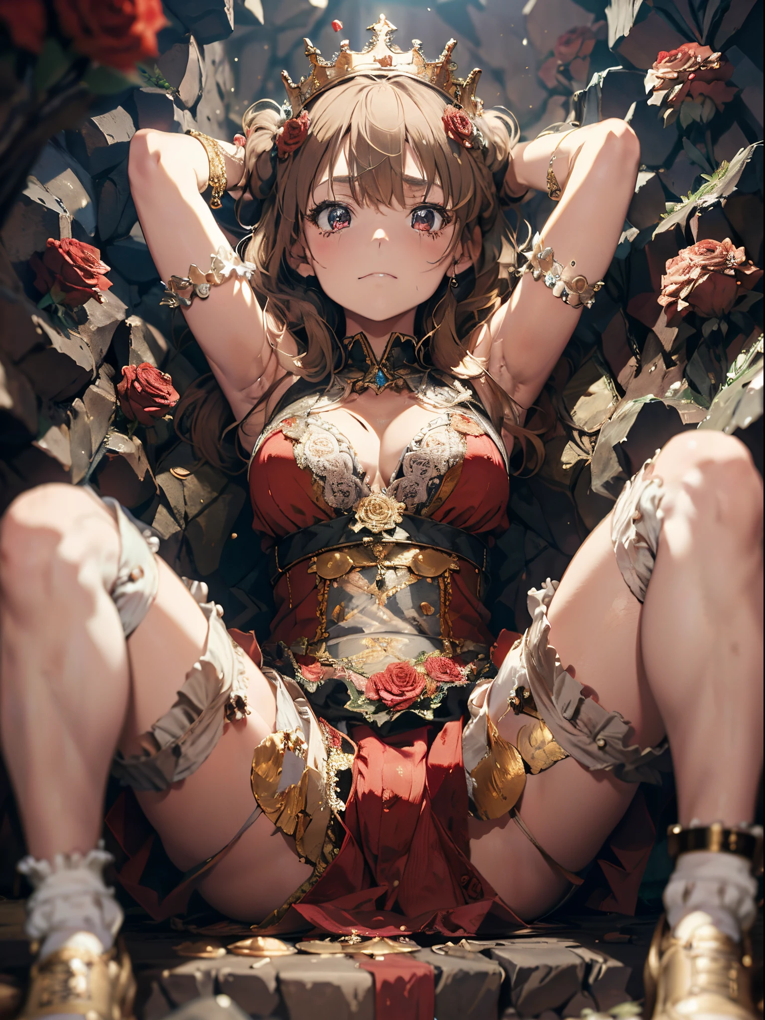 (The highest image quality, master piece:1.2), (Ultra Definition Illustration), (very beautiful matured queen, 45yo:1.3), nsfw, (captured, cave prison, in_prison:1.3), rpgroyal, (sleeveless gorgeous queen red dress with roses:1.3), (armpits), arms behind head, blond wavy hair, (embarrassed, crying:1.2), spread legs,