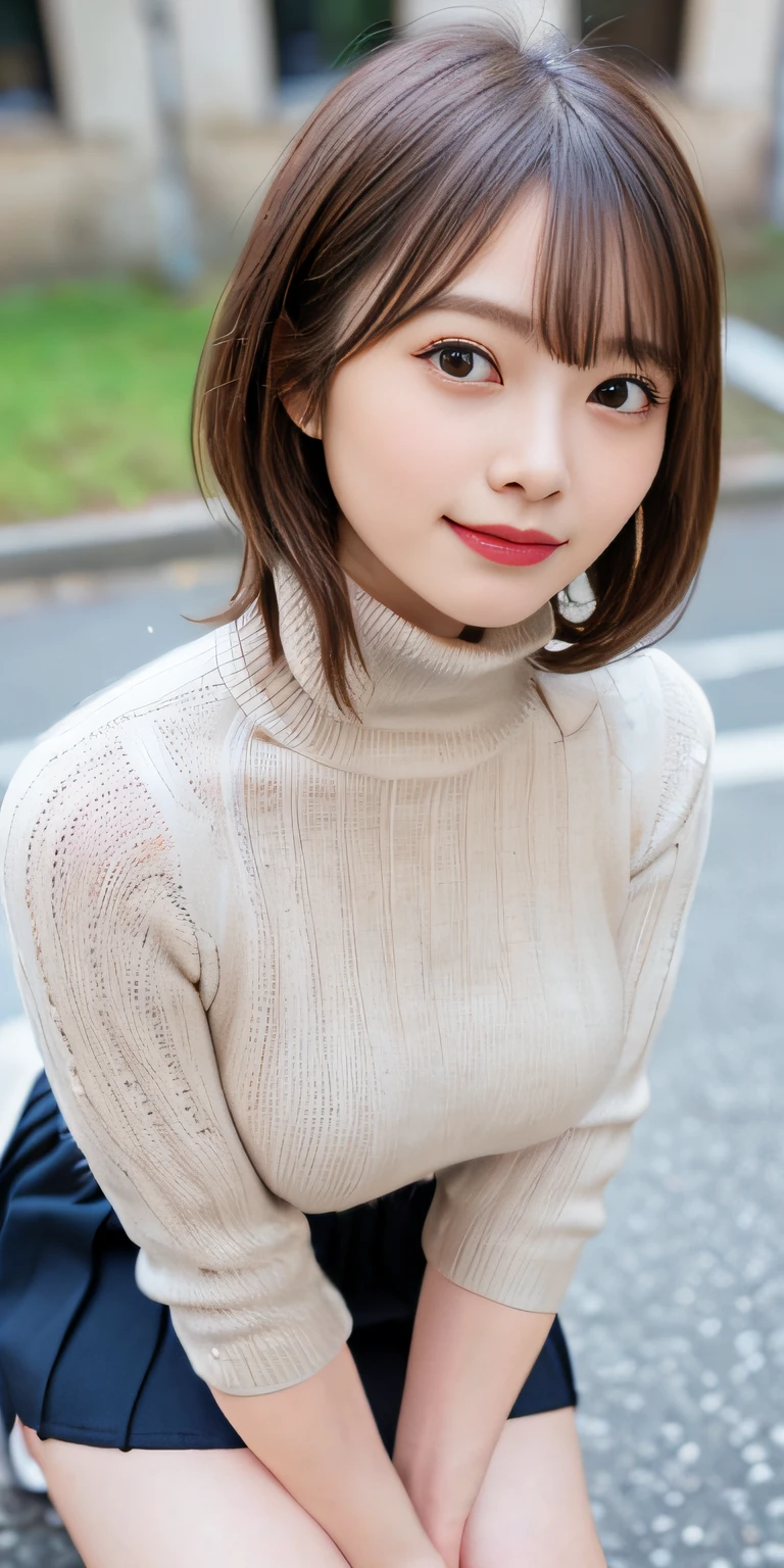 masutepiece, Best Quality, 
Ultra-detailed, finely detail, hight resolution, in 8K,
((Photorealsitic:1.4, Raw photography, 超A high resolution,Top image quality: 1.4)),
Wallpaper, 
((Perfect whole body configuration1.5)), 
((Beautiful detailed eyes, Natural Color Lip、Clean face、Gaze staring at the camera、Eye of Lashaig、Distinct double eyelids、Tear mole、glowy skin、Clean skin quality、lipgloss)),
((a serene smile:1.5)),
((Random and cute hairstyles)), 
((Turtleneck knit that adheres to the body:1.5)),
((large breasts size、cleavage of the breast:1.2)),
((Random and cute micro mini skirt:1.5)),
((crouching down:1.5)),
((breastsout、arm under glasses:0.9)),
((look up to)),
((Random blurry background)),
((Random and cute facial expressions)),, 
((((1人の女性:1.5))))
very detailed and professional lighting、
((Random and cute facial expressions:1.5))、
((thigh visible:1.5))