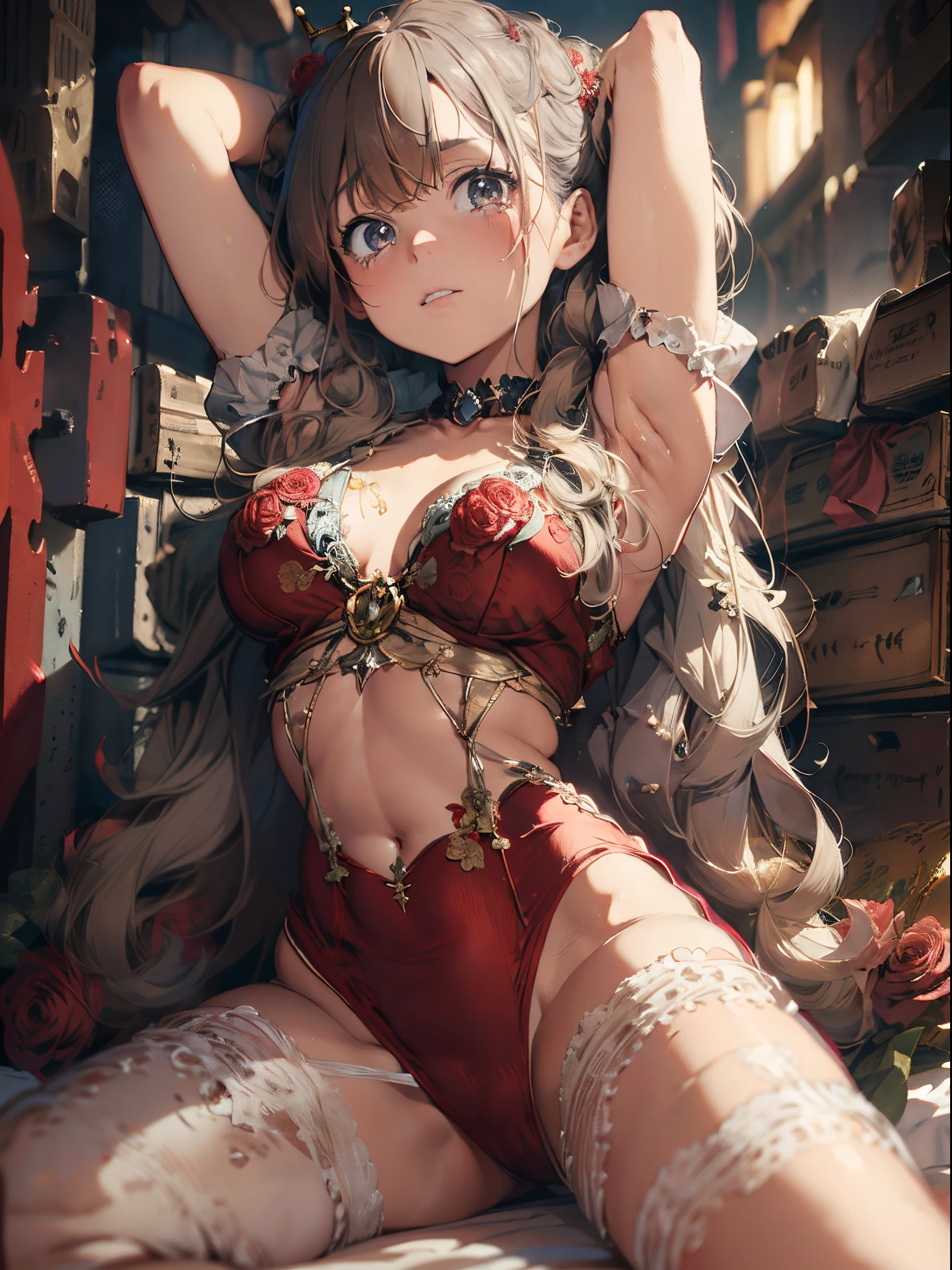 (The highest image quality, master piece:1.2), (Ultra Definition Illustration), (very beautiful matured queen, 45yo:1.3), nsfw, (captured, cave prison, in_prison:1.3), rpgroyal, (sleeveless gorgeous queen red dress with roses:1.3), (armpits), arms behind head, blond wavy hair, (embarrassed, crying:1.2), spread legs,