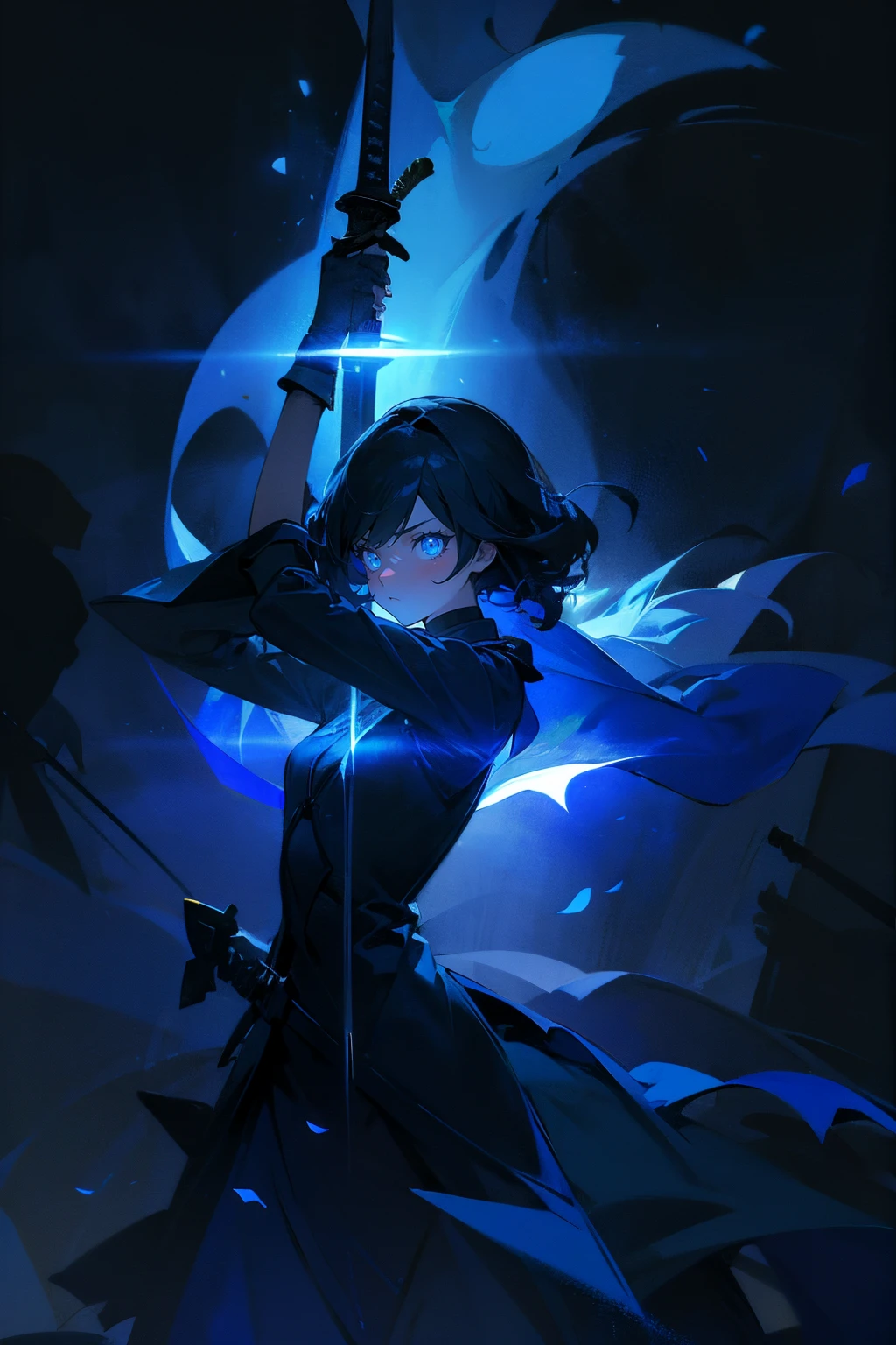 A silhouette of a girl with a two hands sword glowing blue amidst the darkness, the girl is completely dark, silhouette,Shrink your arms, focus face