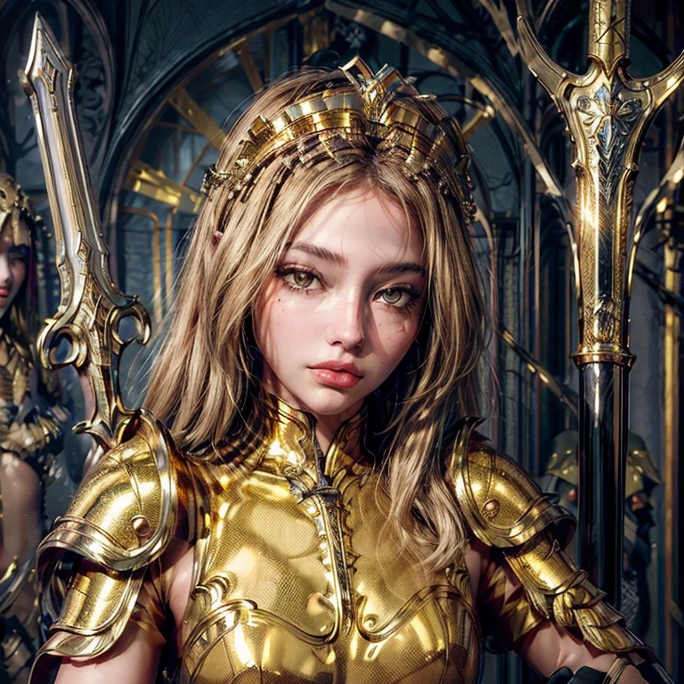 (masterpiece,High quality,Top quality,super detail, best quality ,)1 woman,beautiful,facial details,god,Greco-Roman,golden armor,golden shield,golden sword,skin details,blond hair,hd,Serious face,Face details,