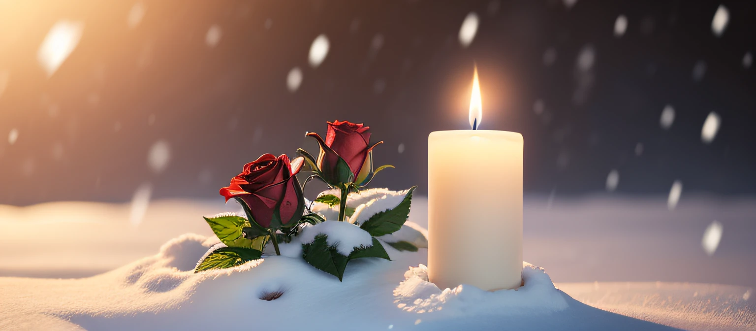 blooming rose bushes under the snow, Candles are burning., snowing, blurred background, High Resolution, hiquality, higly detailed