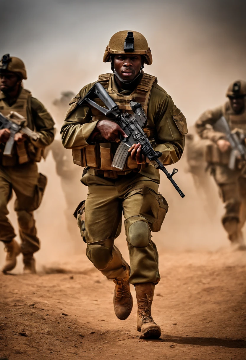 best quality,ultra-detailed,realistic:1.37,africa,male soldiers,combat uniforms,tactical gear,protective helmets,rifles,strong and confident,stern expressions,dynamic poses,intense action,military backdrop,HDR,vivid colors,professiona