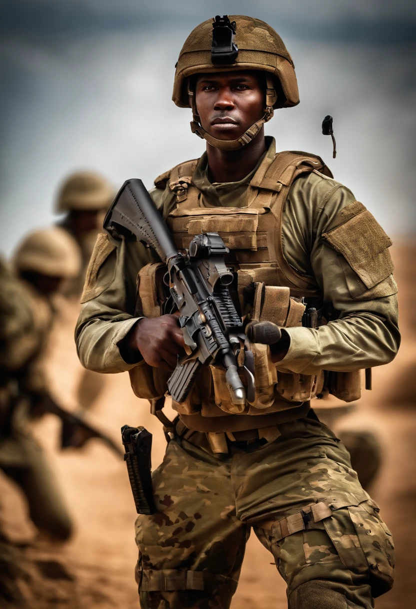 best quality,ultra-detailed,realistic:1.37,africa,male soldiers,combat uniforms,tactical gear,protective helmets,rifles,strong and confident,stern expressions,dynamic poses,intense action,military backdrop,HDR,vivid colors,professiona