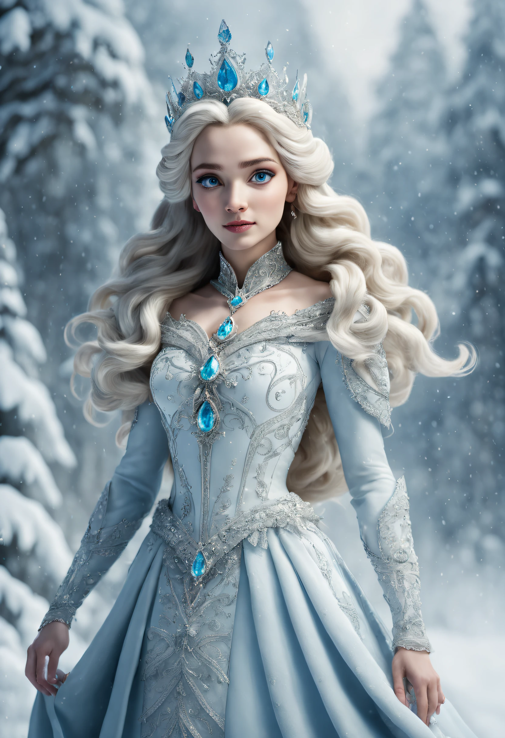 The proud, confident and noble Snow Queen in the snow .Place the character in the center of the screen.Background covered with film grain, Natural soft light,(Best quality)queen ornate decoration.Beautiful and noble(Complicated details)