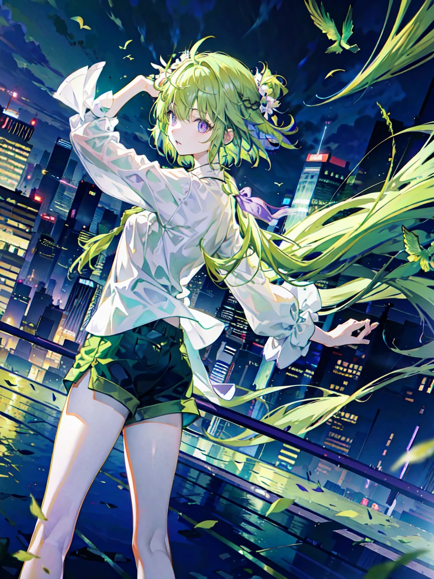 Best quality, best angle,Light green hair,purpleeyes,arms stretched wide,in city, Surrounded by birds,Amulets float around,hold it in hand,long, floated hair,white shirt and shorts
